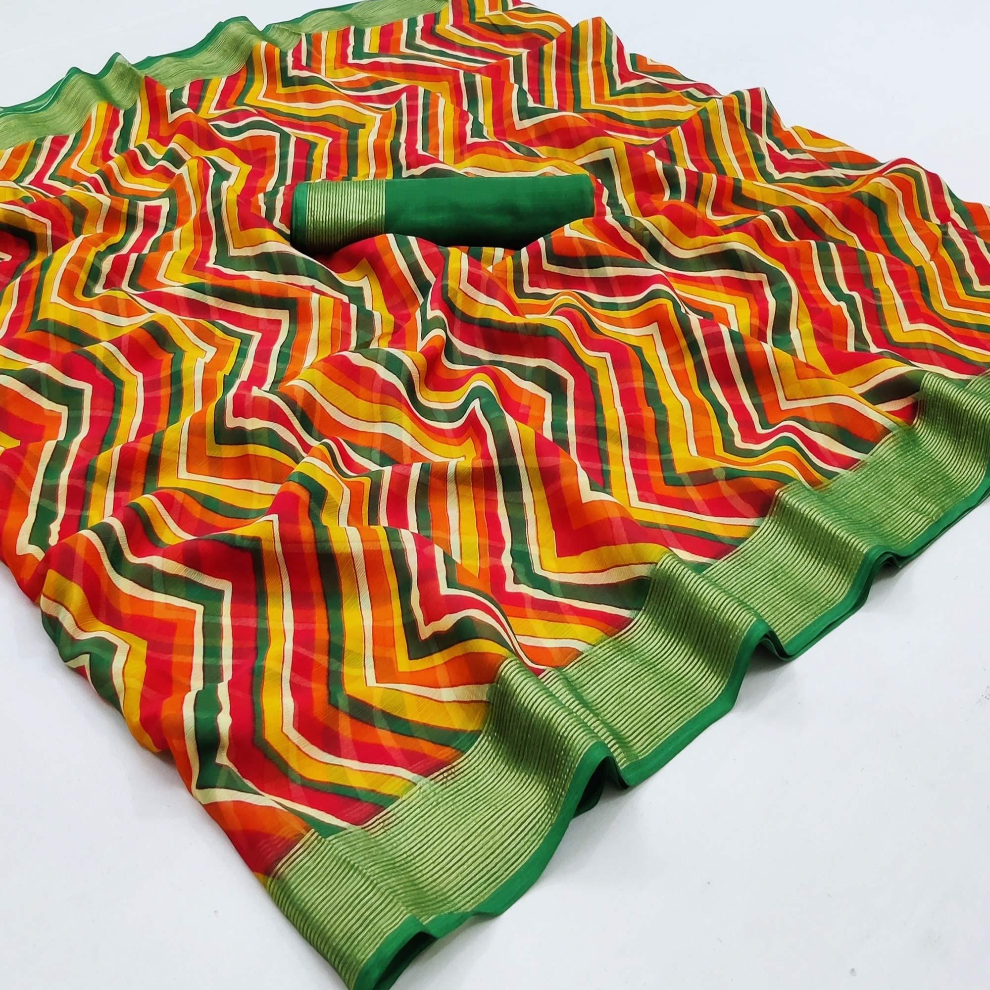 Multicolour Casual Wear Stripe Printed Chiffon Saree - Peachmode