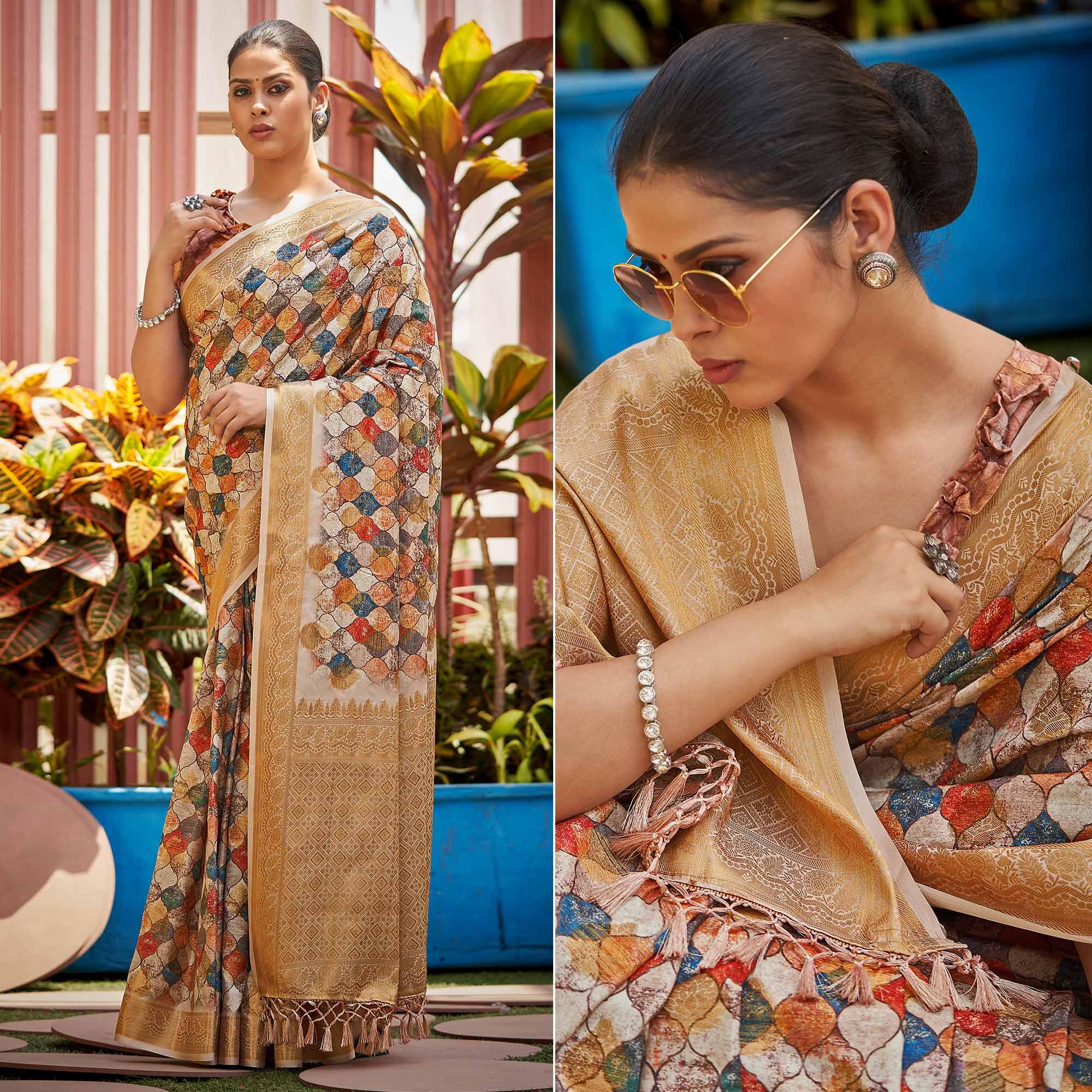 Multicolour Digital Printed Art Silk Saree - Peachmode