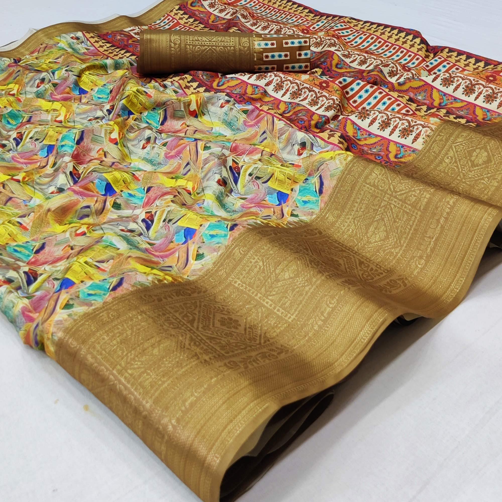 Multicolour Digital Printed Art Silk Saree - Peachmode