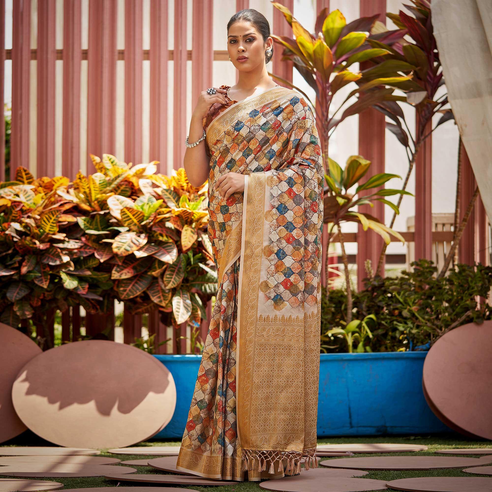 Multicolour Digital Printed Art Silk Saree - Peachmode