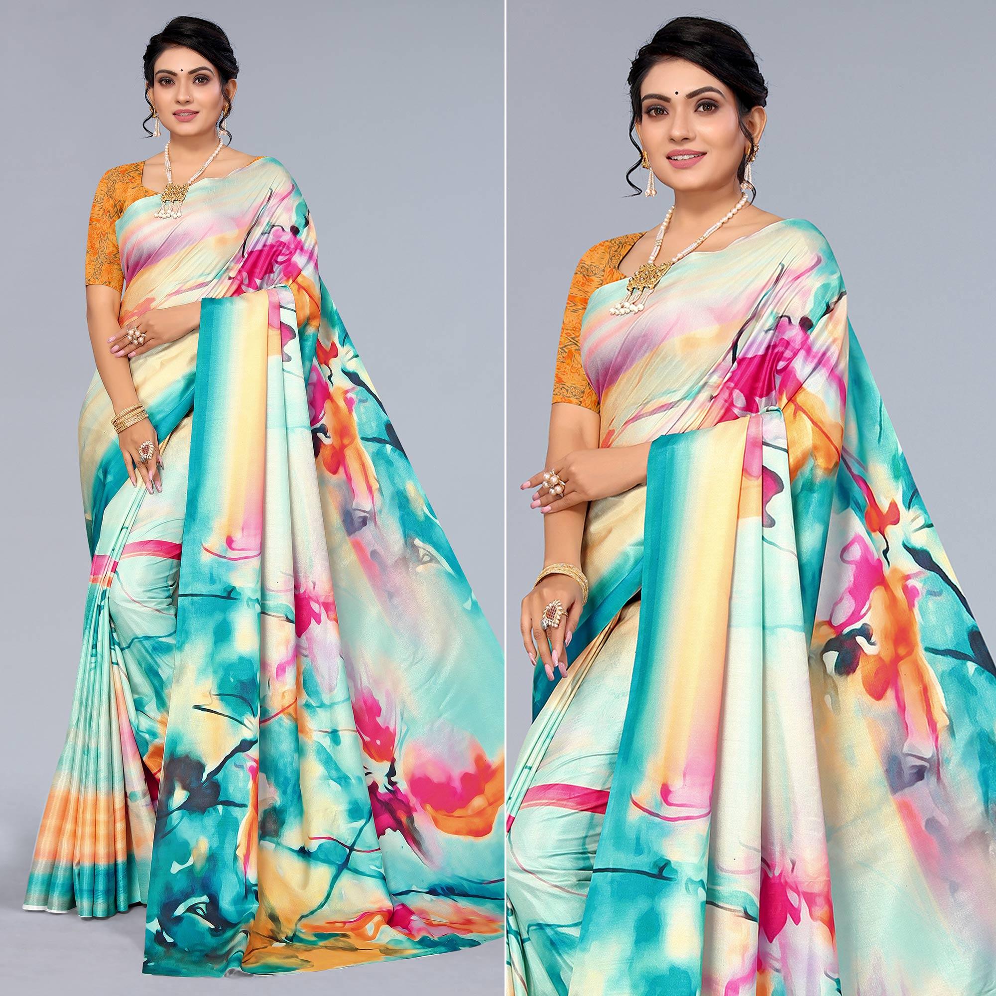 Multicolour Digital Printed Dola Silk Saree - Peachmode