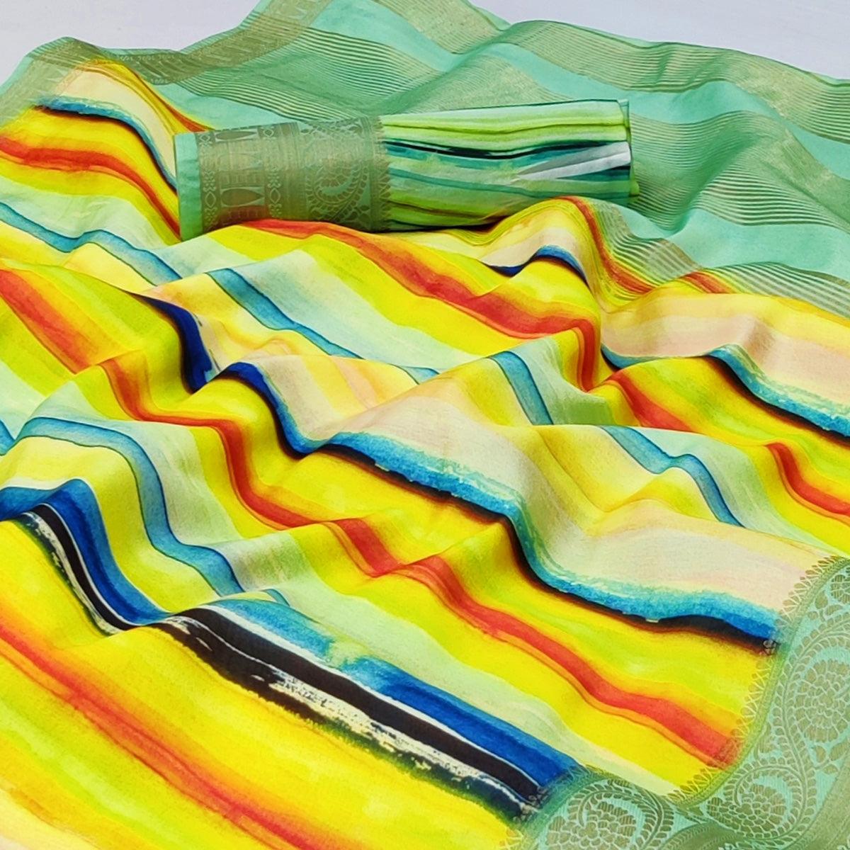 Multicolour Digital Printed Dola Silk Saree - Peachmode