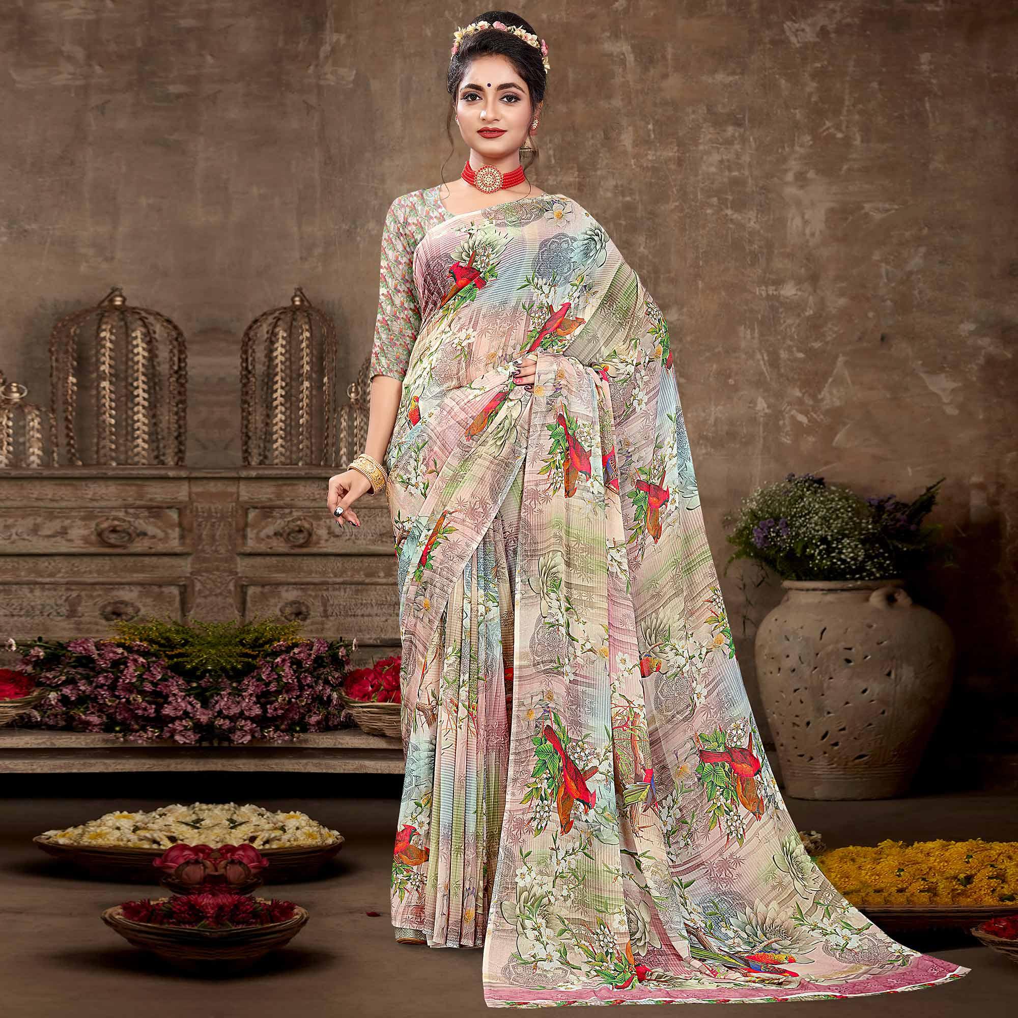 Multicolour Digital Printed Georgette Saree - Peachmode