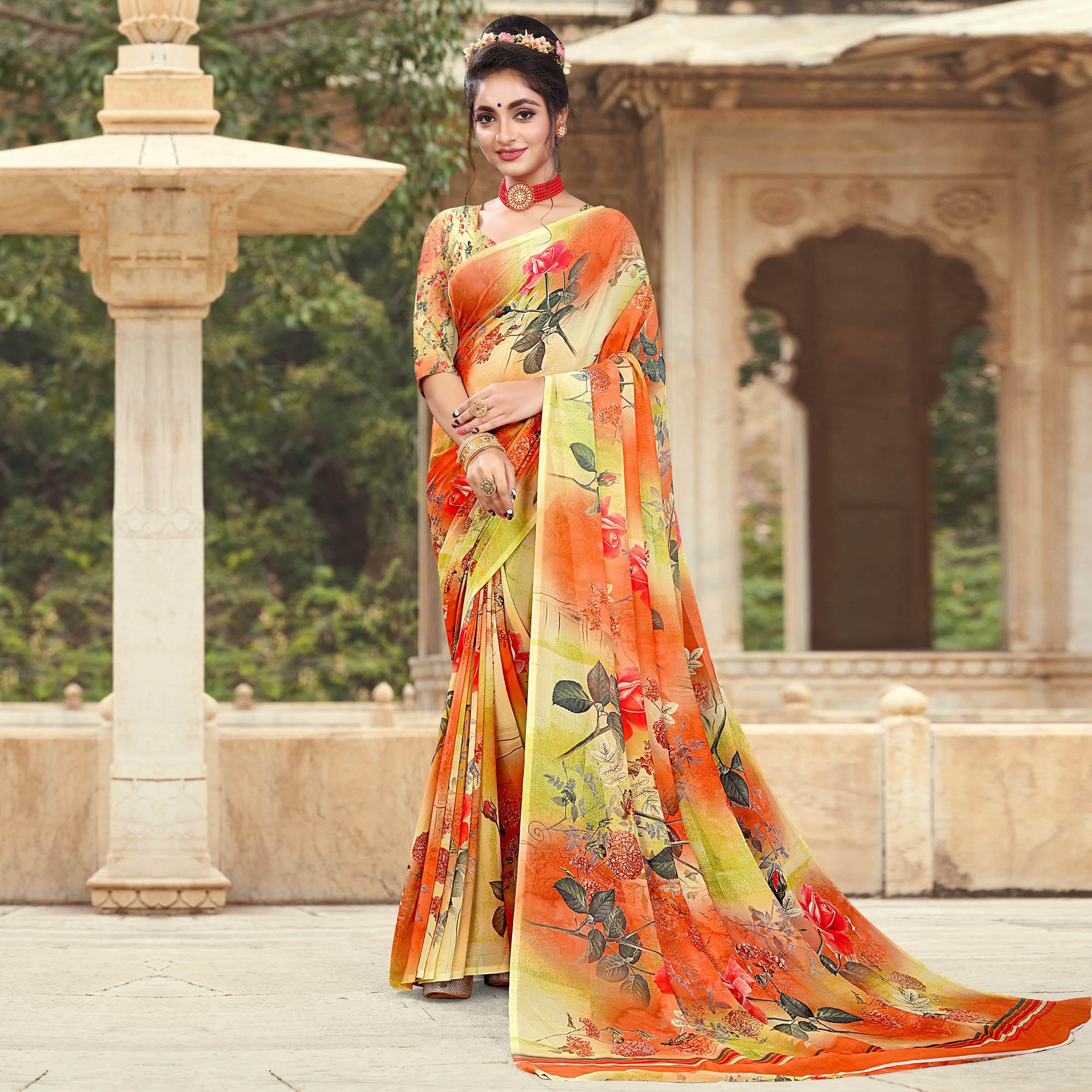 Multicolour Digital Printed Georgette Saree - Peachmode