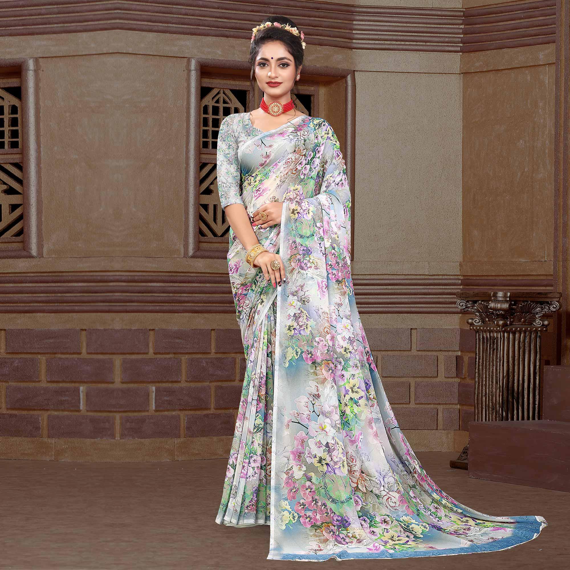 Multicolour Digital Printed Georgette Saree - Peachmode