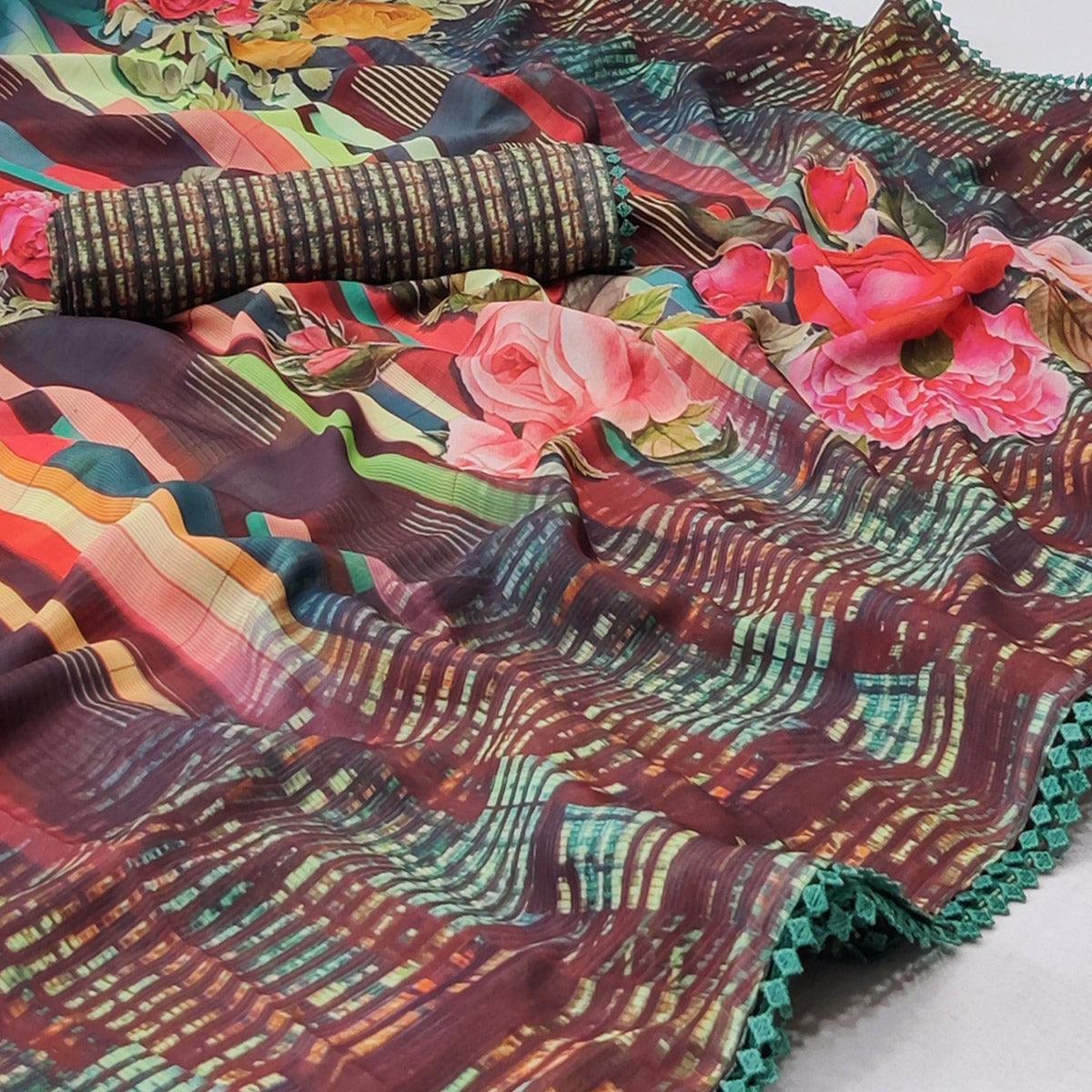 Multicolour Digital Printed Georgette Saree - Peachmode