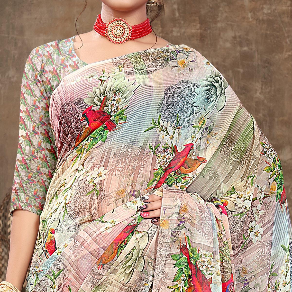 Multicolour Digital Printed Georgette Saree - Peachmode