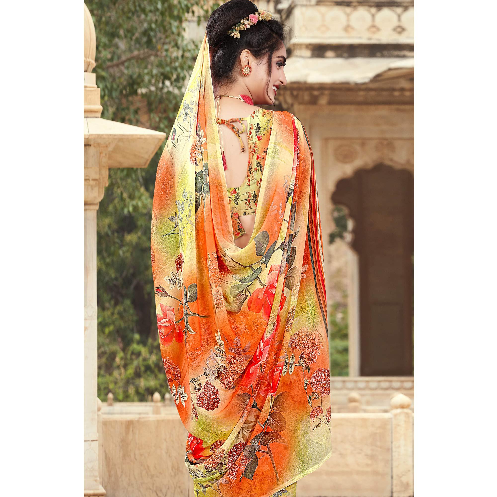Multicolour Digital Printed Georgette Saree - Peachmode