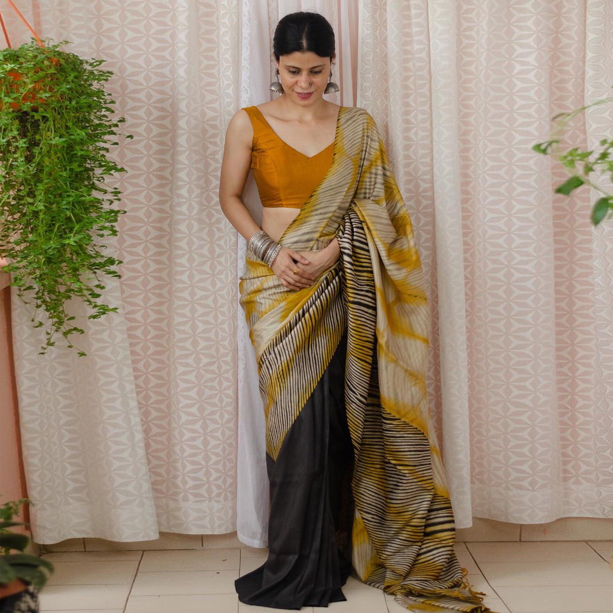 Multicolour Digital Printed Linen Half and Half Saree - Peachmode