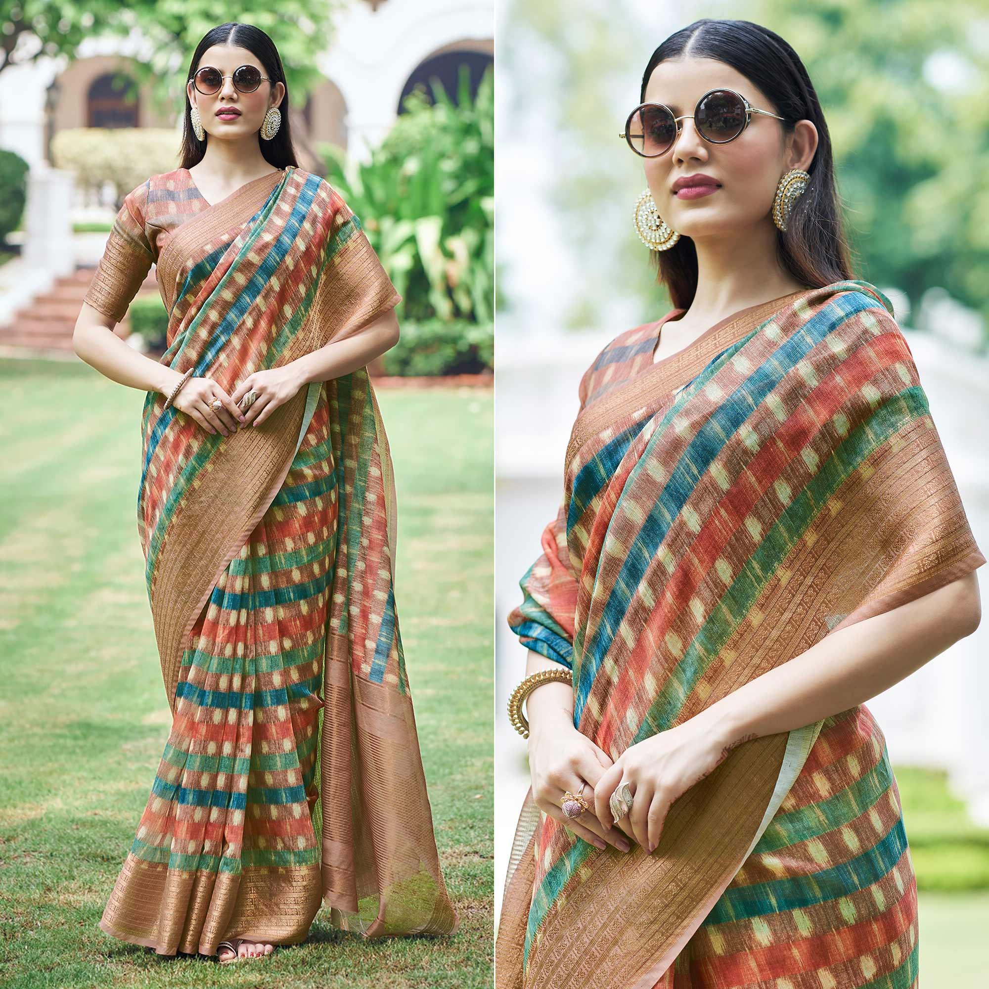 Multicolour Digital Printed Linen Saree - Peachmode