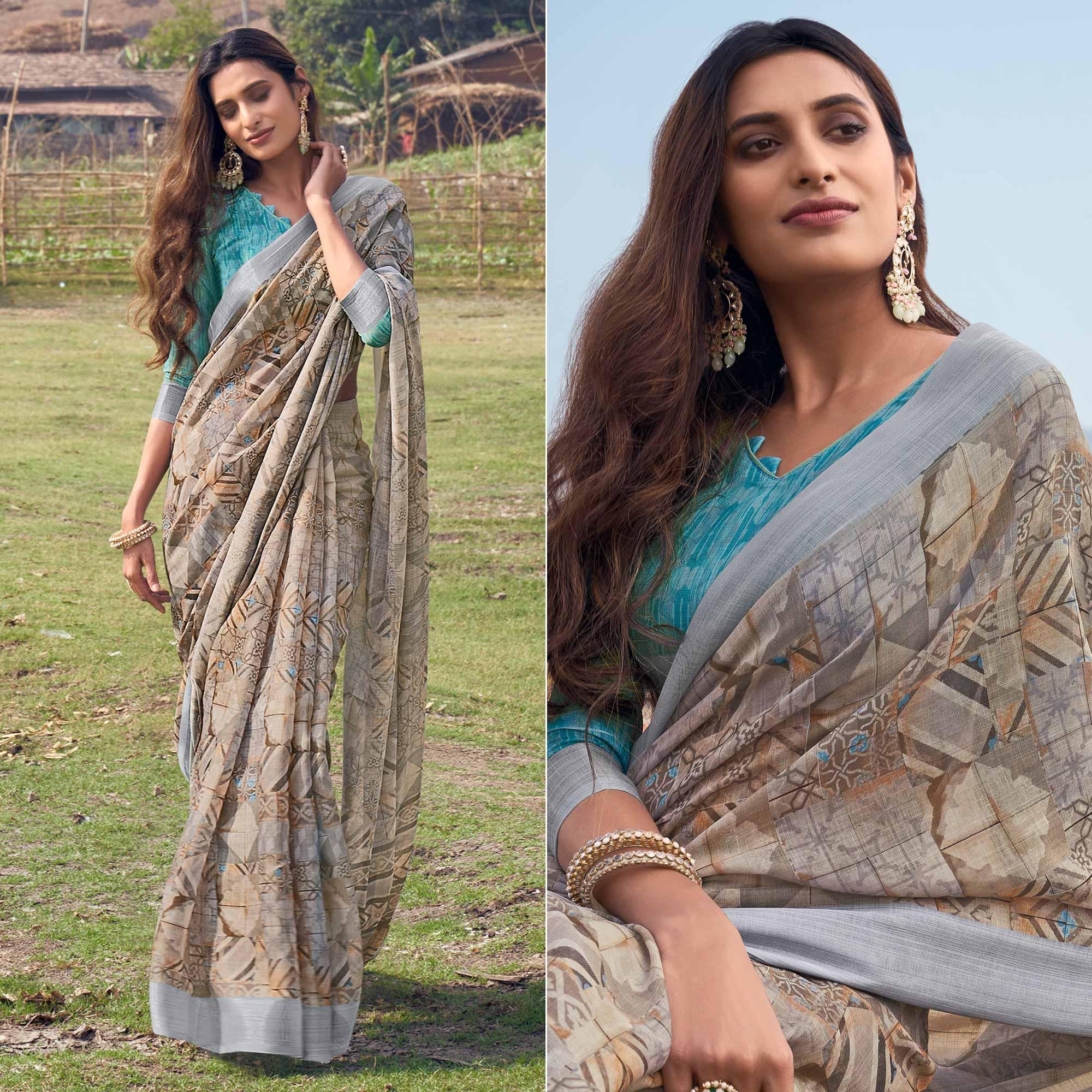 Multicolour Digital Printed Linen Saree - Peachmode