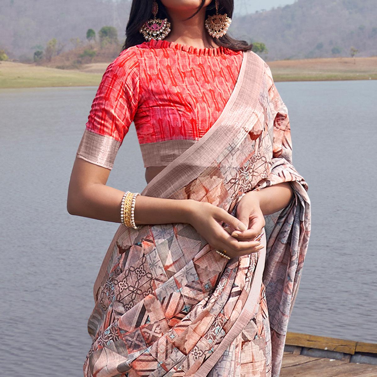 Multicolour Digital Printed Linen Saree - Peachmode