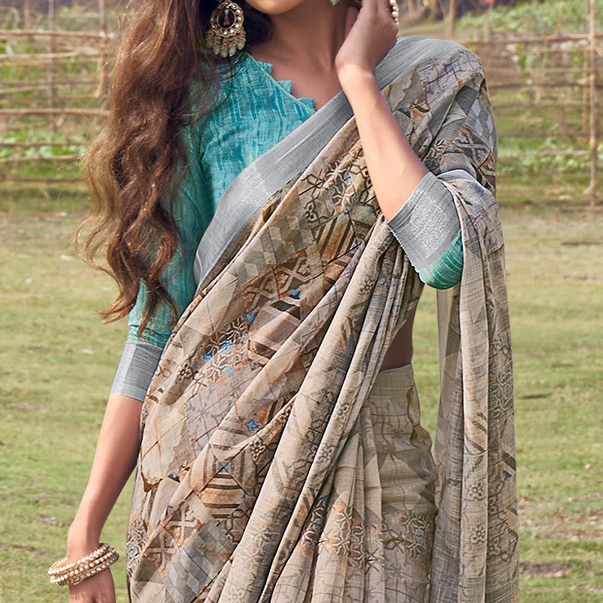 Multicolour Digital Printed Linen Saree - Peachmode