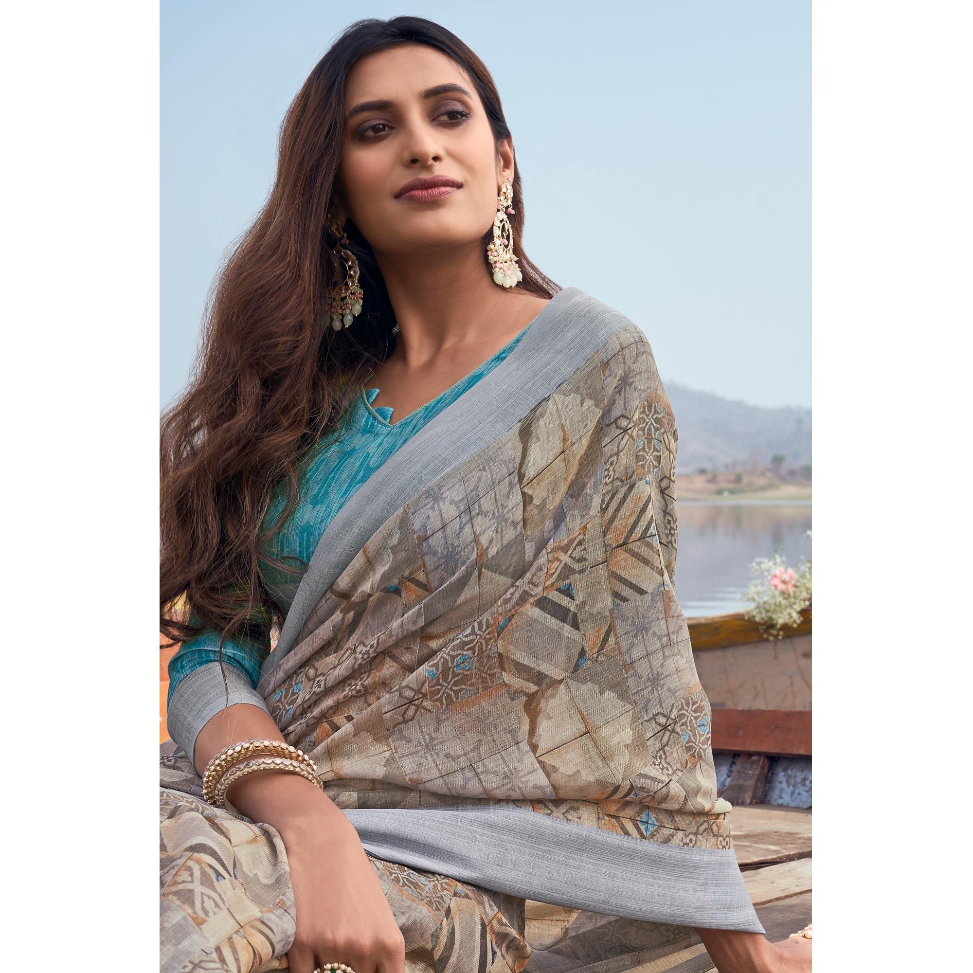 Multicolour Digital Printed Linen Saree - Peachmode