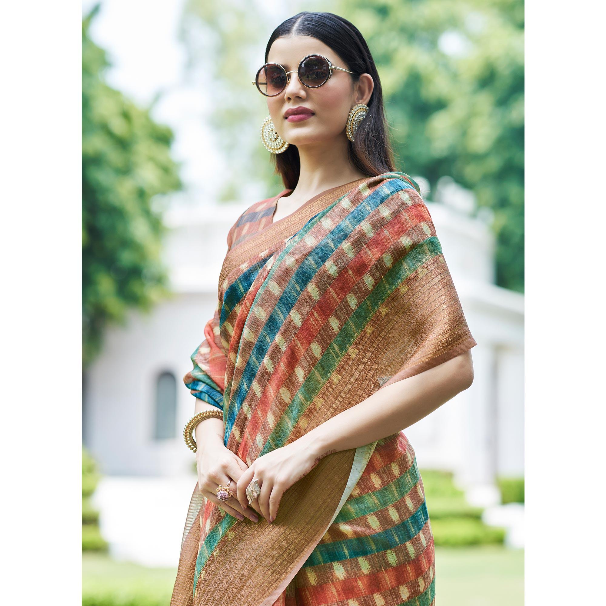 Multicolour Digital Printed Linen Saree - Peachmode