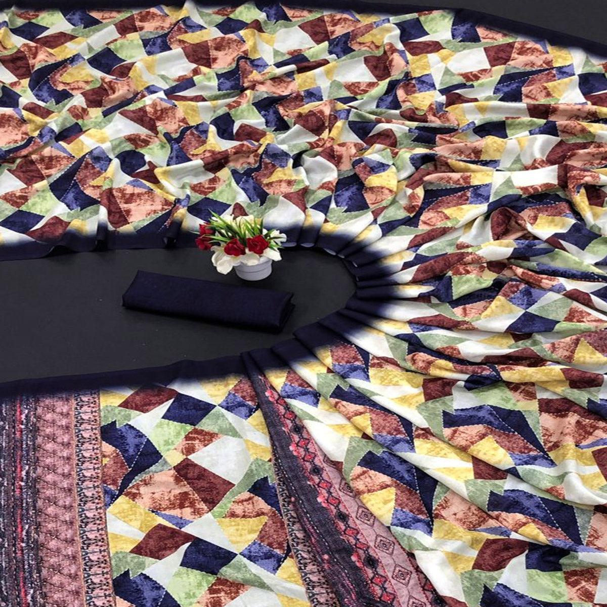 Multicolour Digital Printed Vichitra Silk Saree - Peachmode