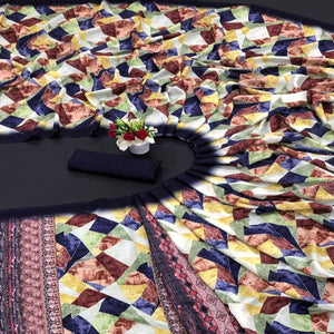 Multicolour Digital Printed Vichitra Silk Saree - Peachmode