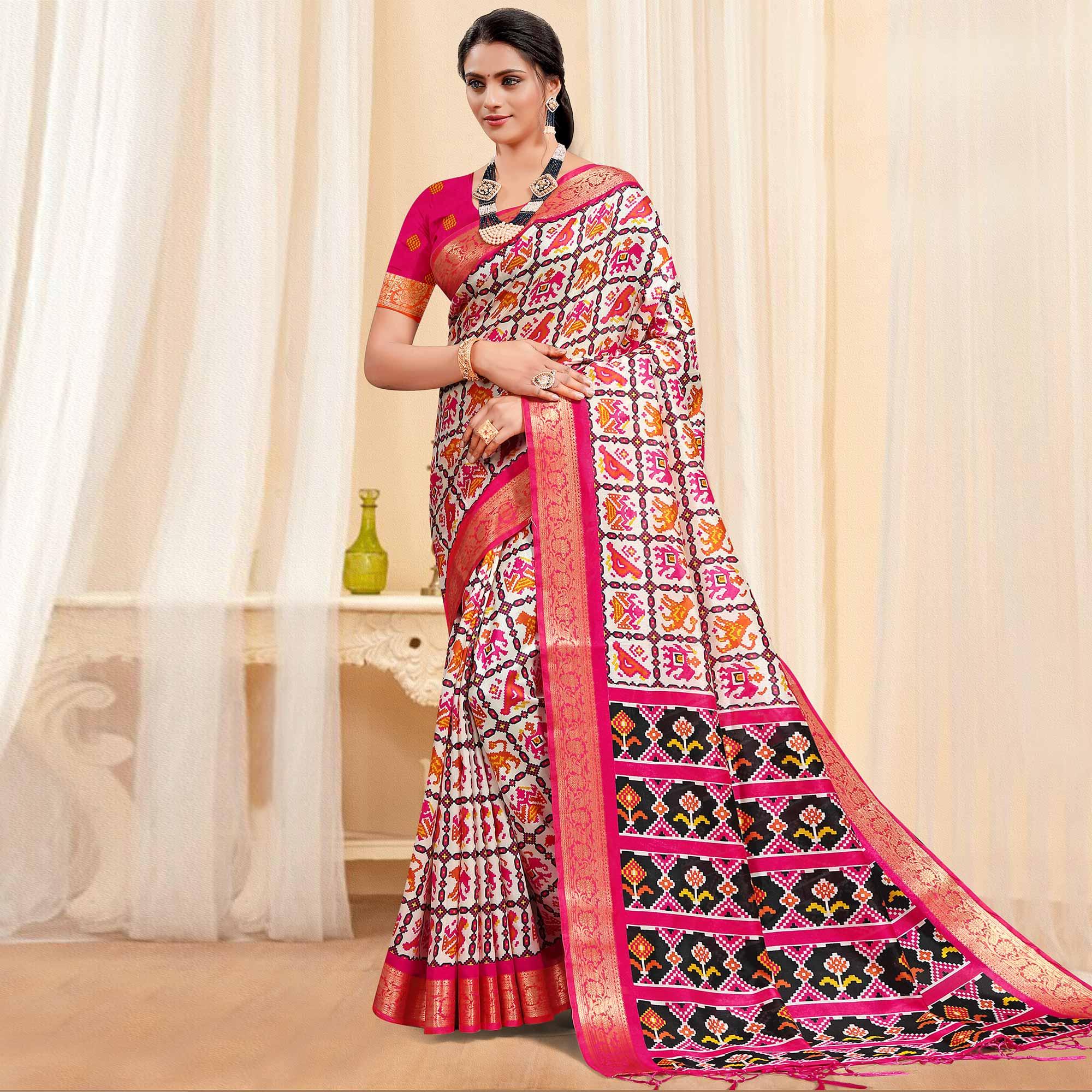Multicolour Festive Wear Chex Printed Bhagalpuri Silk Saree - Peachmode