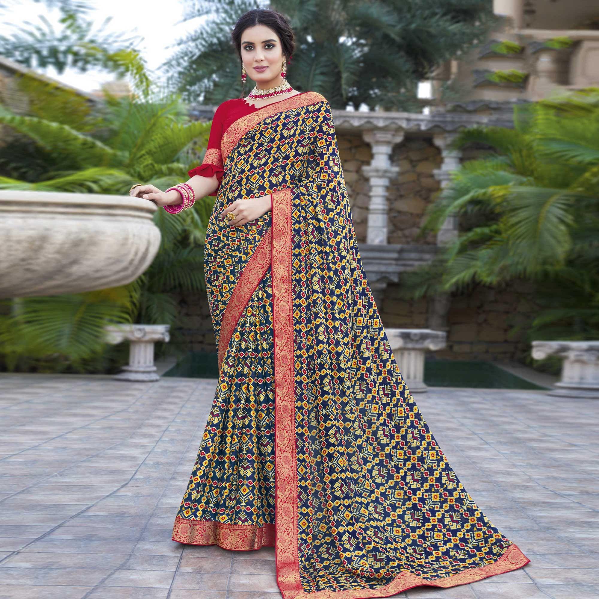Multicolour Festive Wear Printed Chiffon Saree - Peachmode