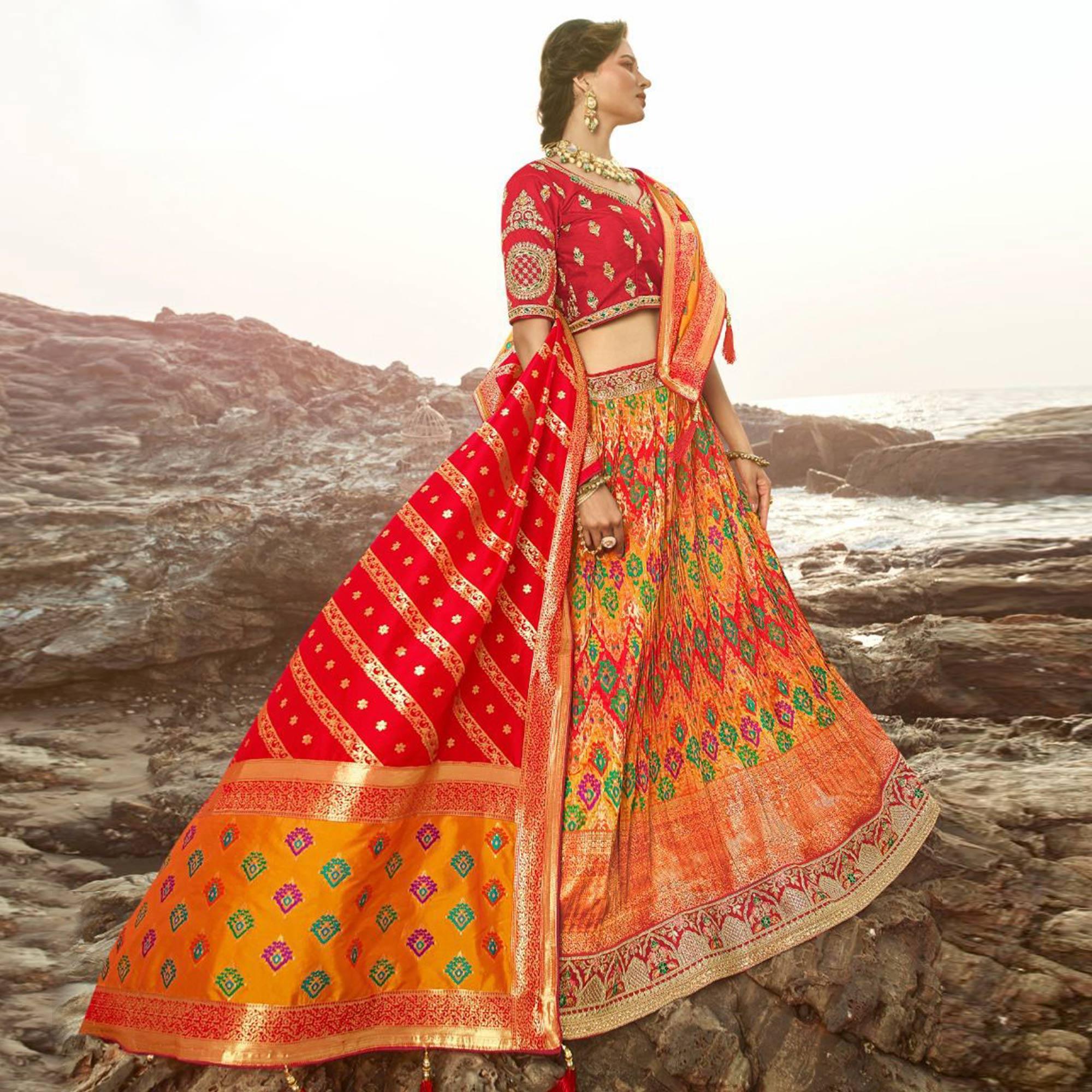 Multicolour Festive Wear Woven Banarasi Silk Lehenga - Peachmode