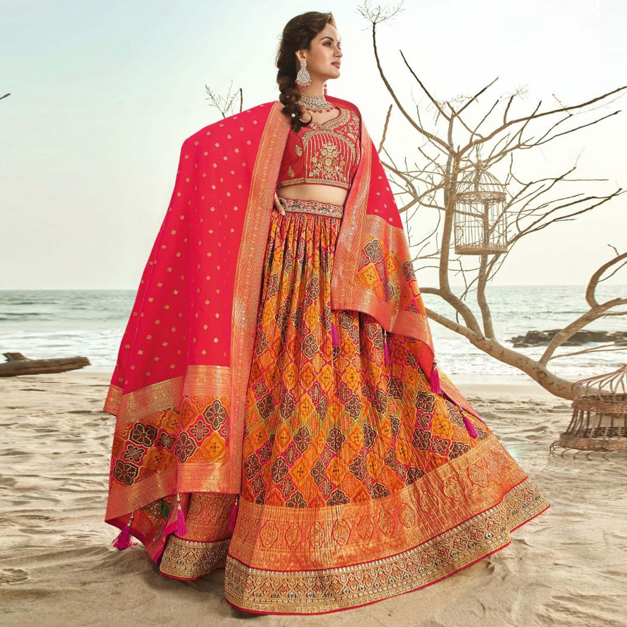 Multicolour Festive Wear Woven Banarasi Silk Lehenga - Peachmode