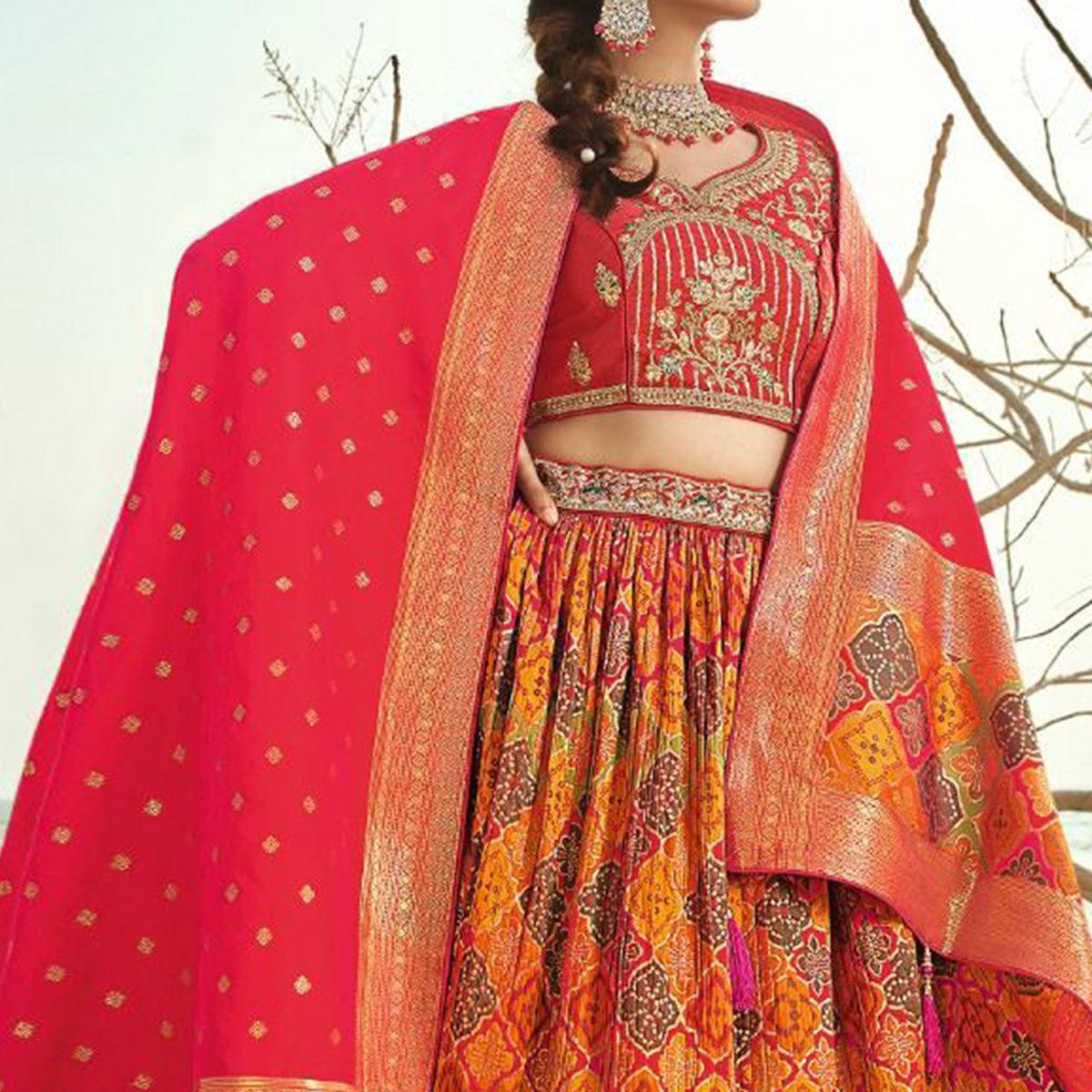 Multicolour Festive Wear Woven Banarasi Silk Lehenga - Peachmode