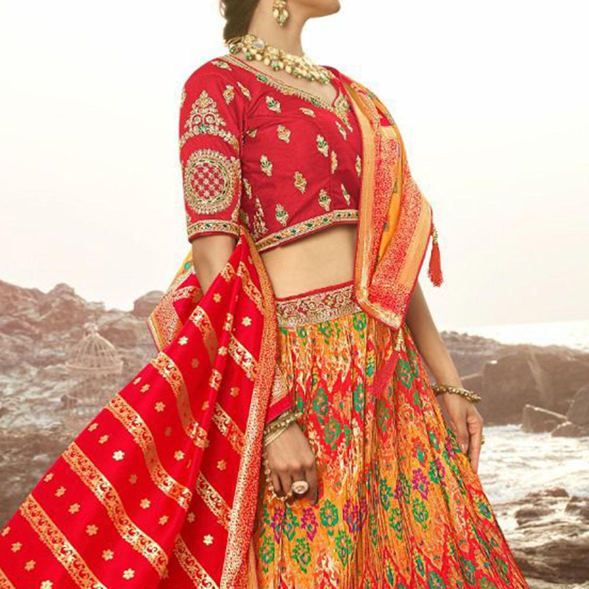 Multicolour Festive Wear Woven Banarasi Silk Lehenga - Peachmode