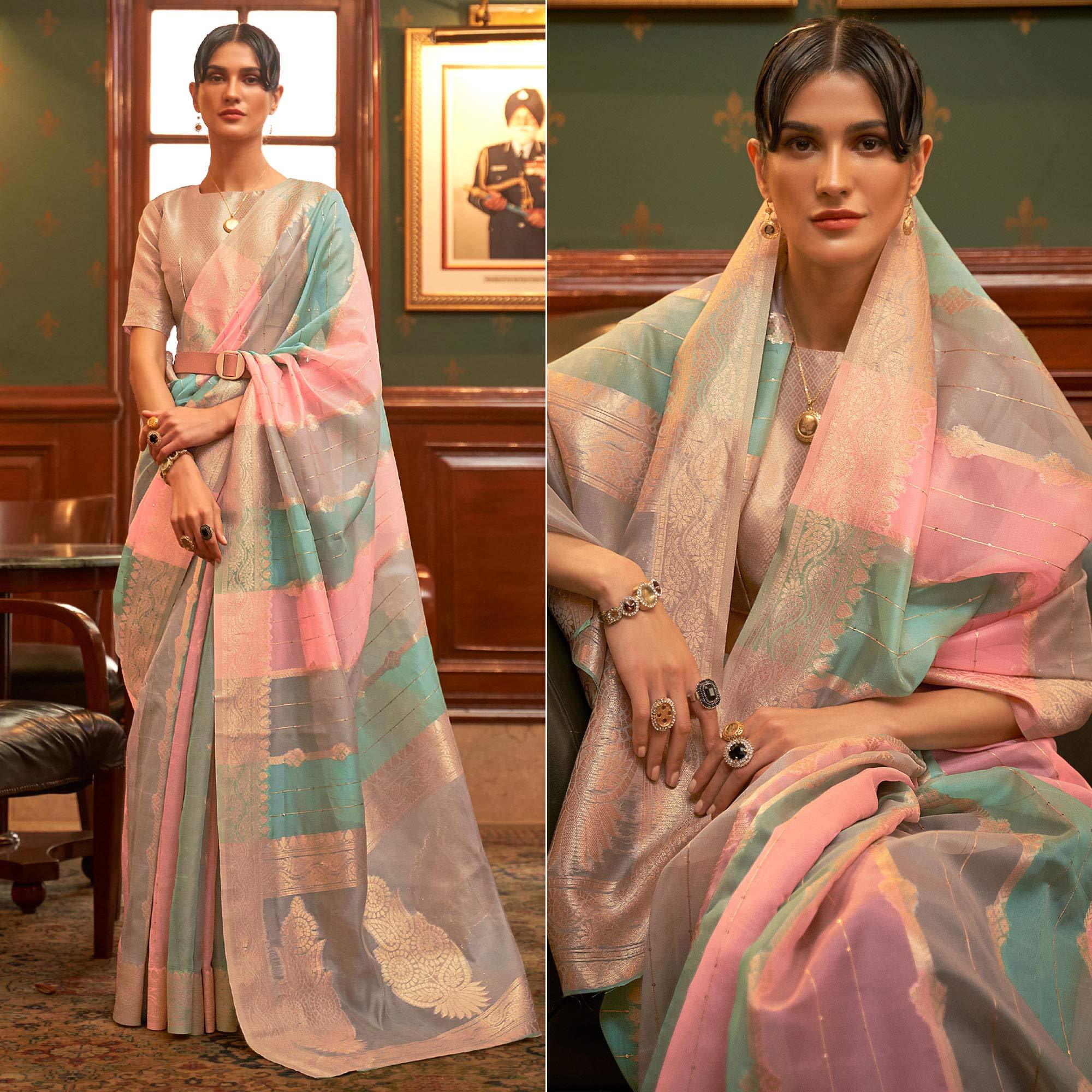 Multicolour Festive Wear Woven Organza Saree - Peachmode