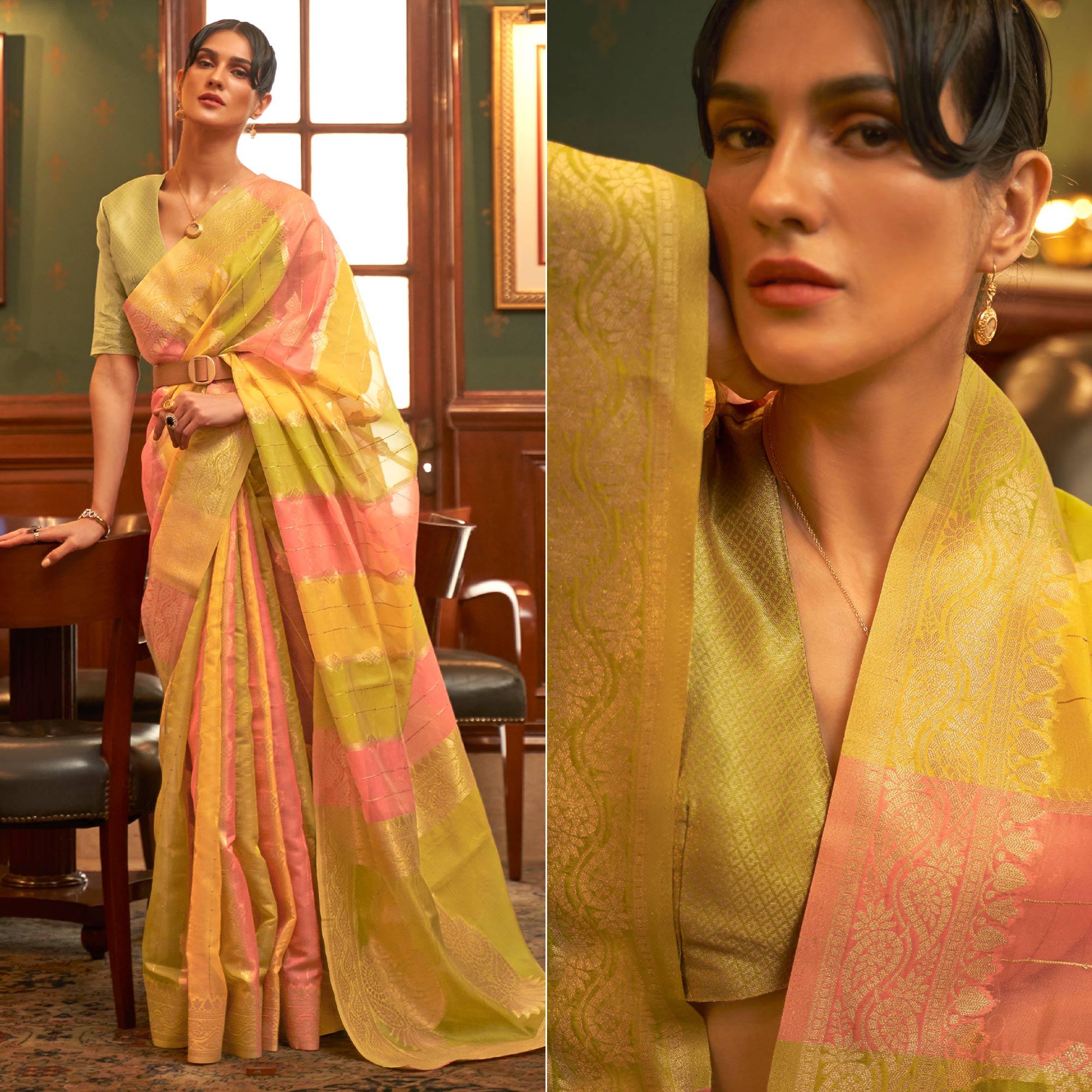 Multicolour Festive Wear Woven Organza Saree - Peachmode