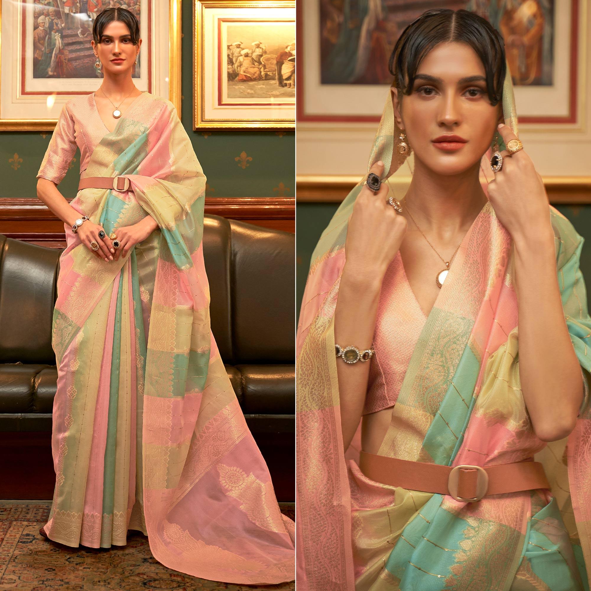 Multicolour Festive Wear Woven Organza Saree - Peachmode