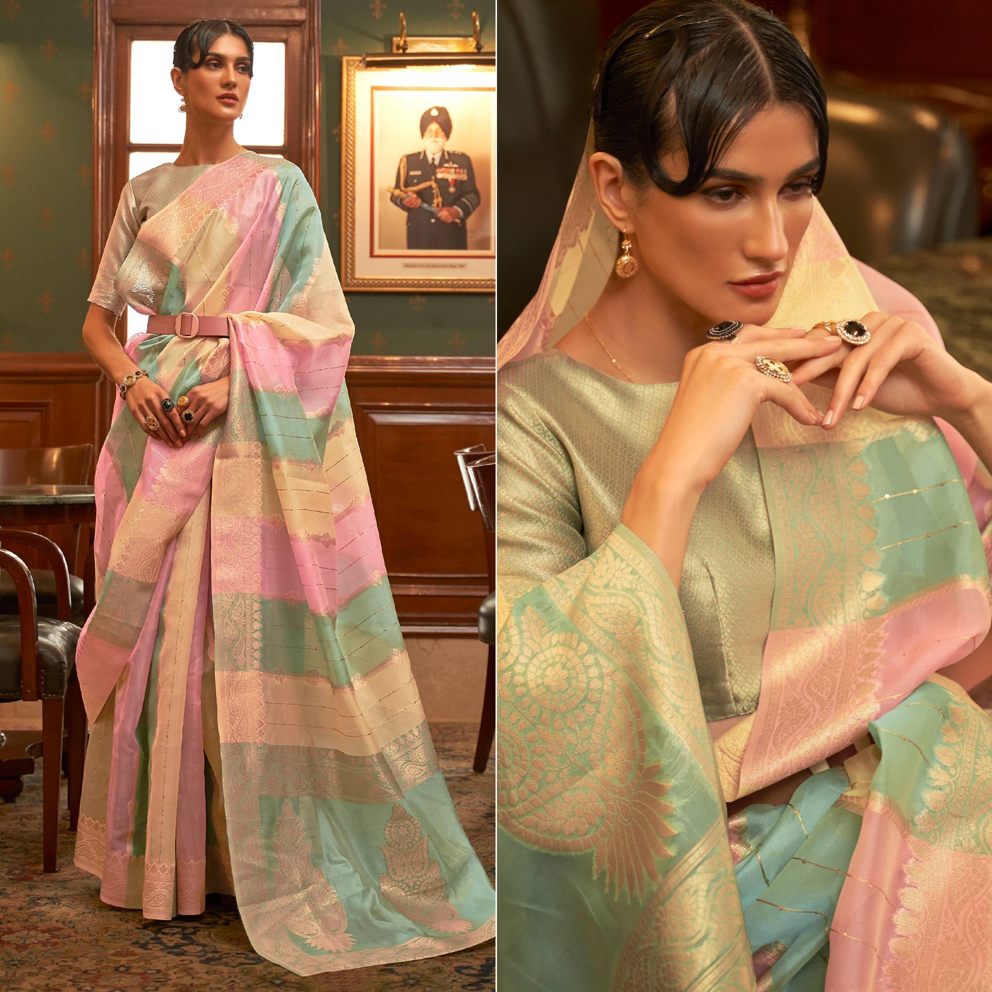 Multicolour Festive Wear Woven Organza Saree - Peachmode