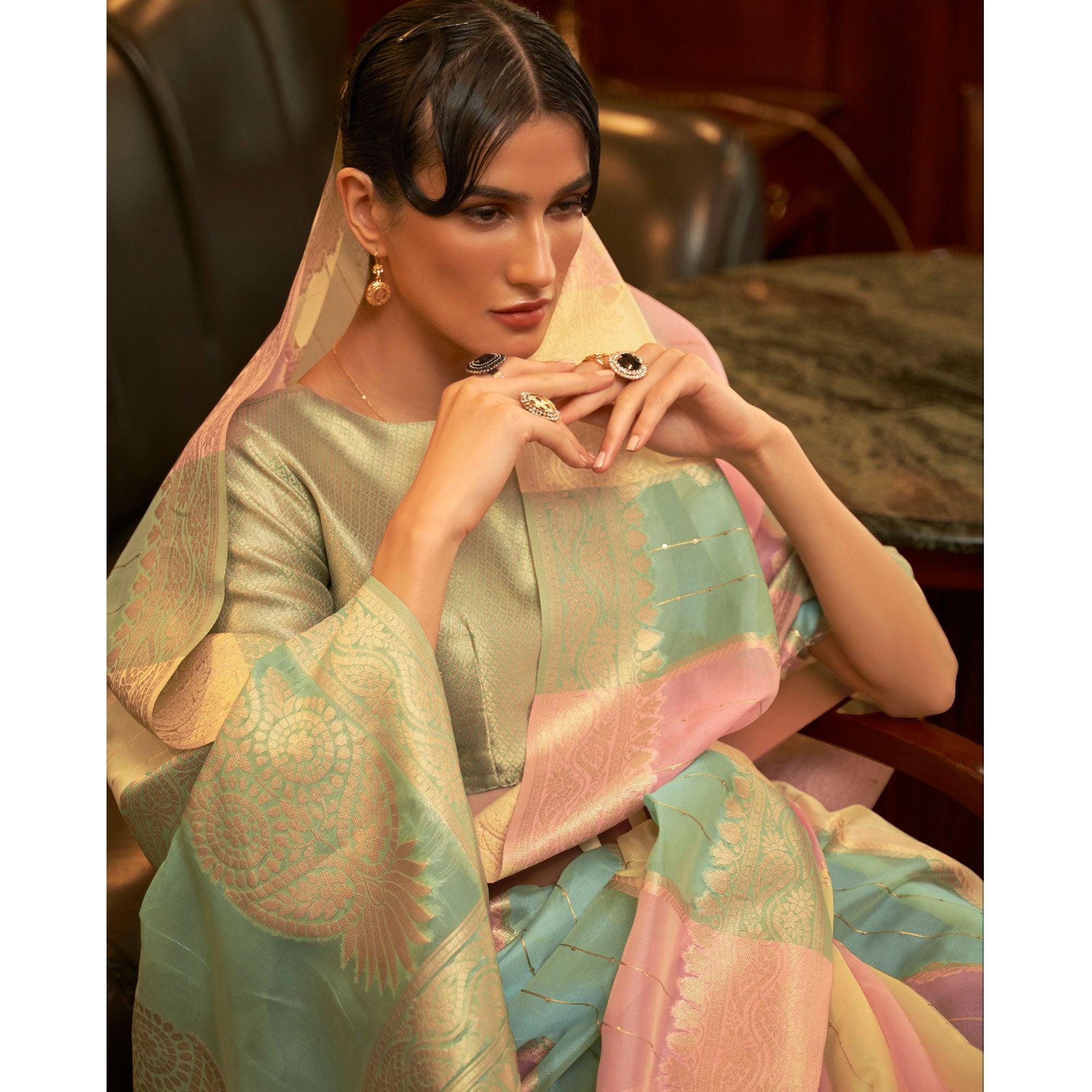 Multicolour Festive Wear Woven Organza Saree - Peachmode