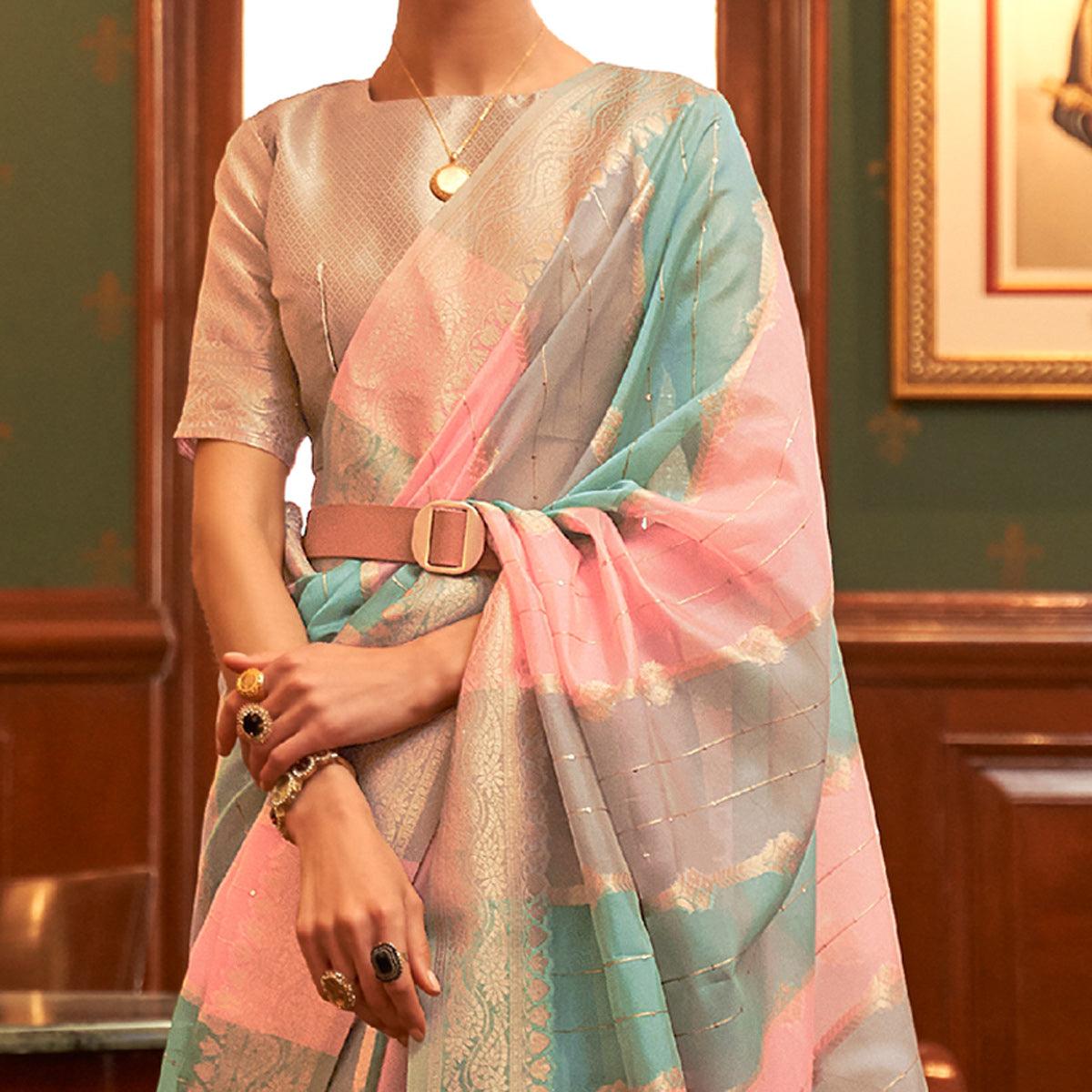 Multicolour Festive Wear Woven Organza Saree - Peachmode