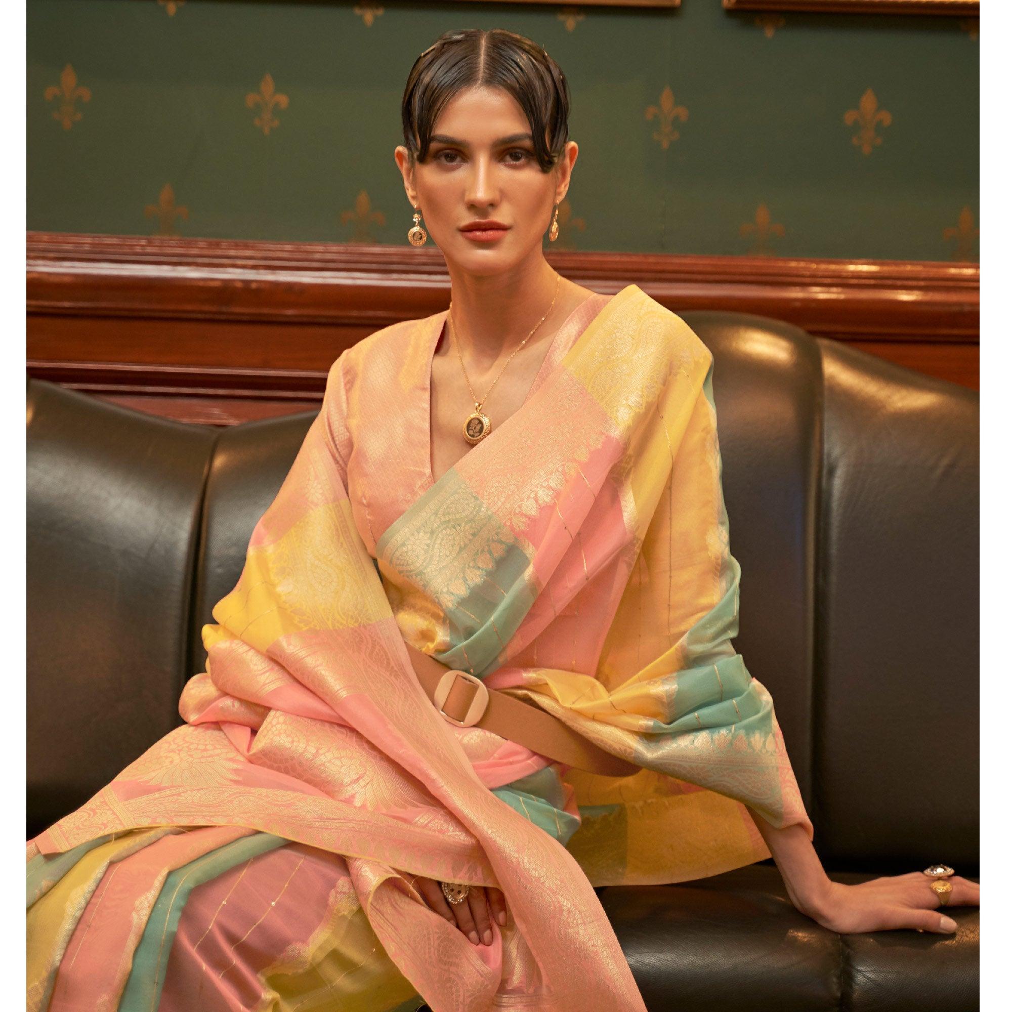 Multicolour Festive Wear Woven Organza Saree - Peachmode