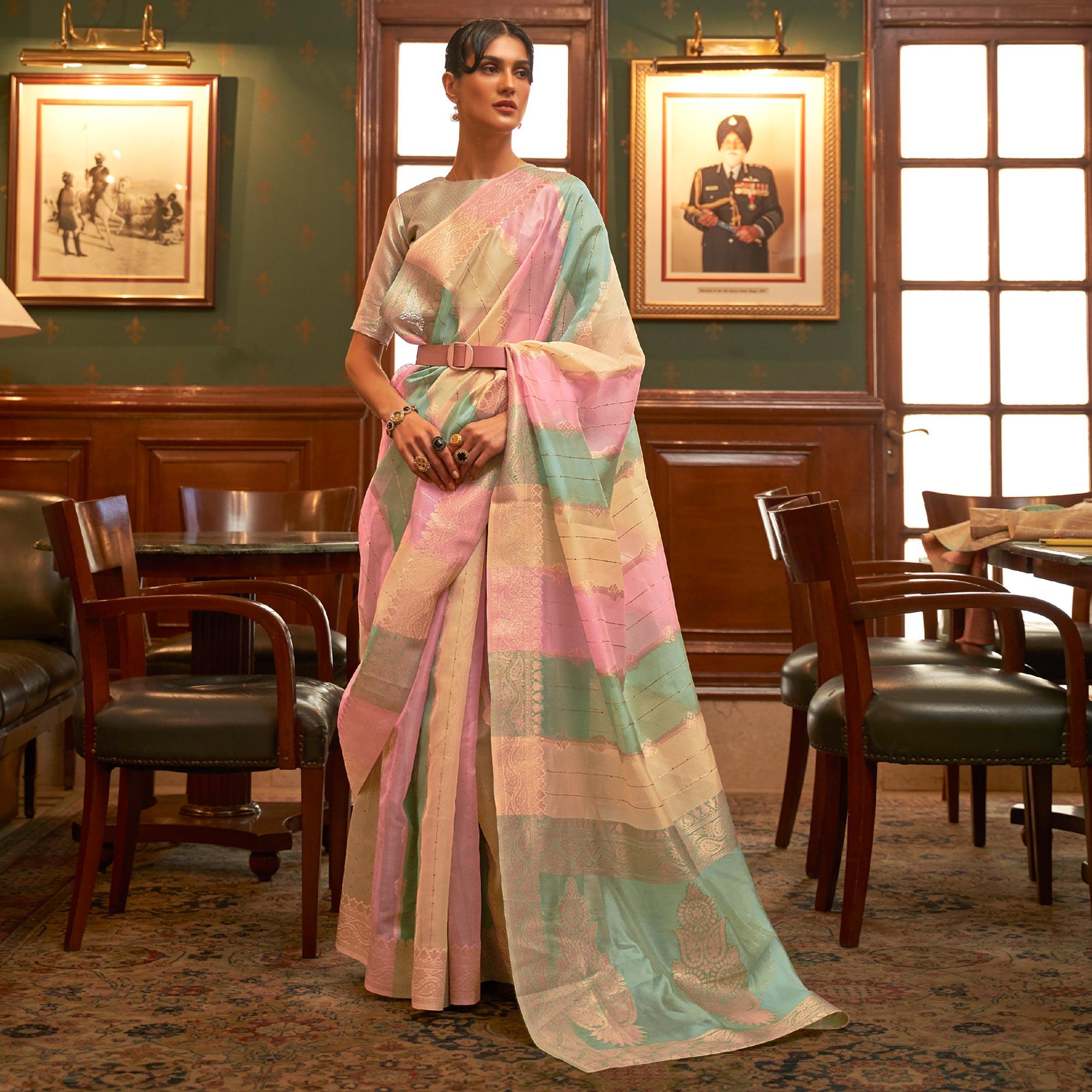 Multicolour Festive Wear Woven Organza Saree - Peachmode