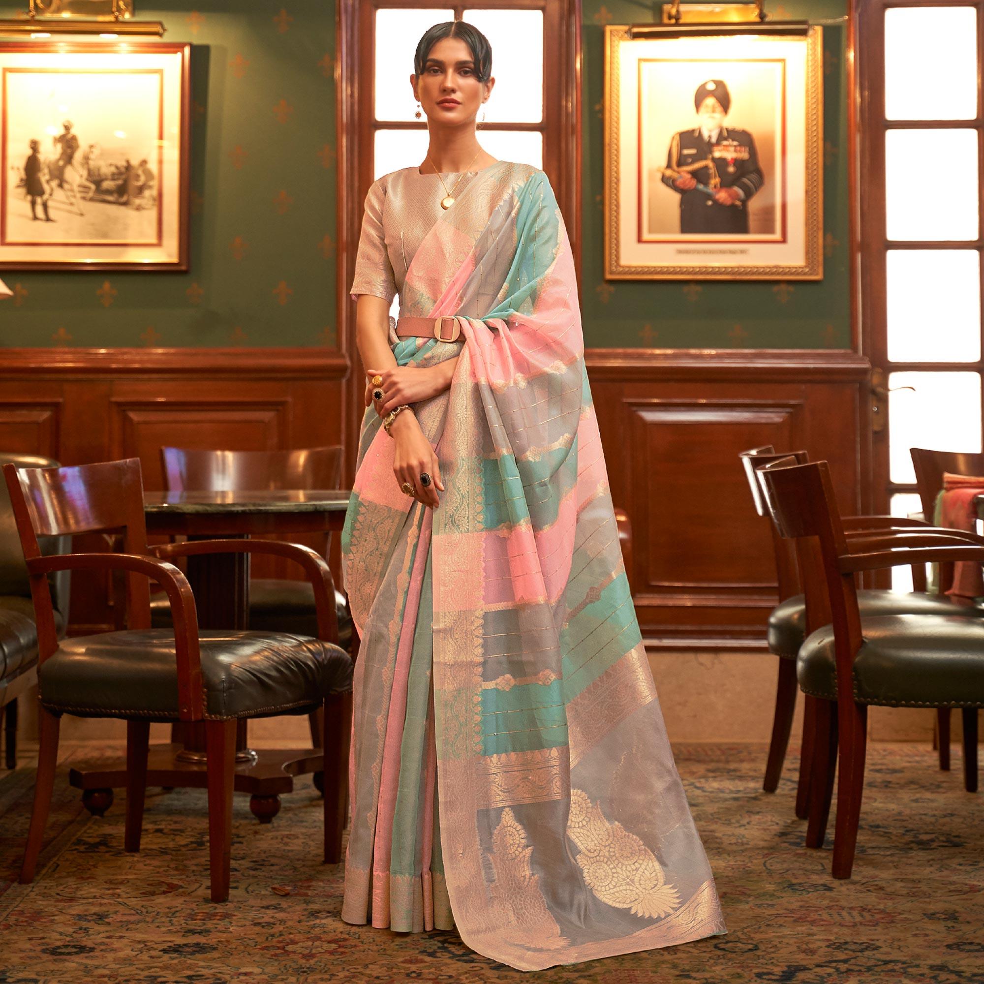 Multicolour Festive Wear Woven Organza Saree - Peachmode