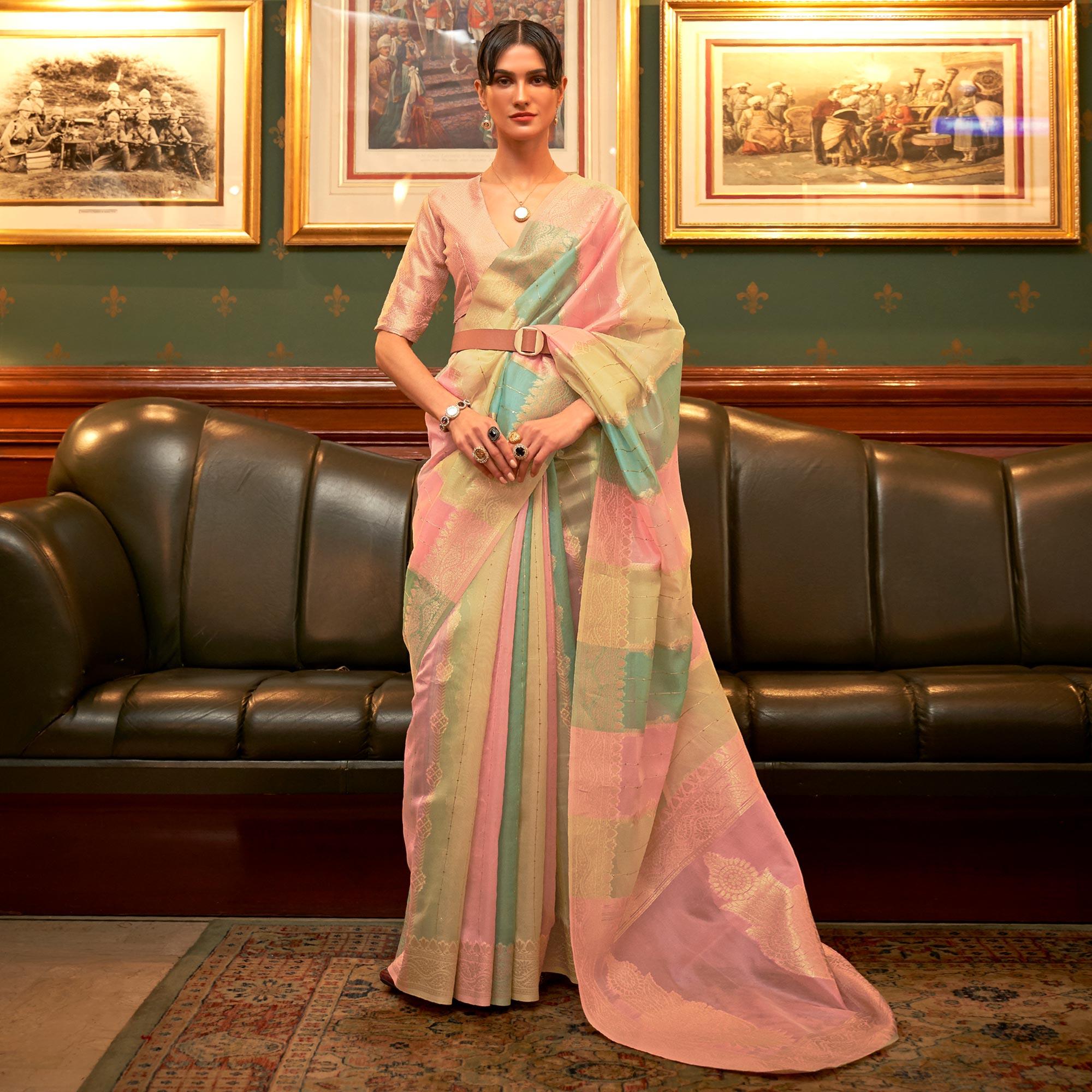 Multicolour Festive Wear Woven Organza Saree - Peachmode