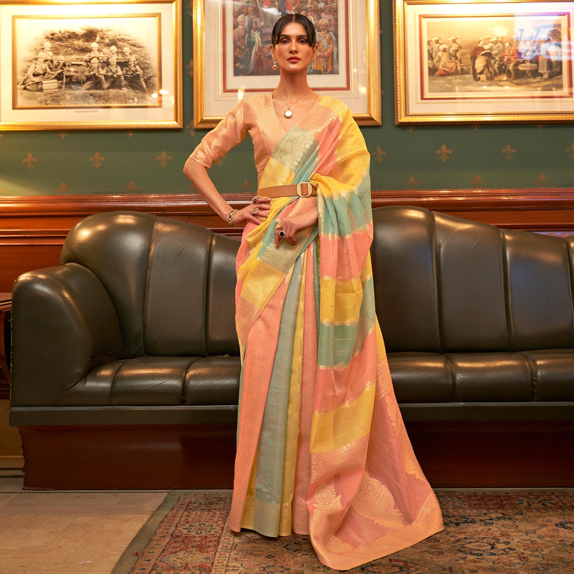Multicolour Festive Wear Woven Organza Saree - Peachmode