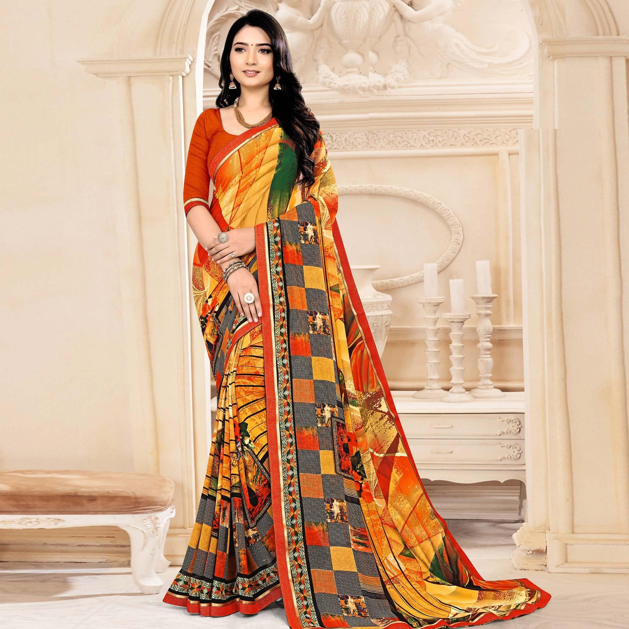 Multicolour Floral Printed Georgette Saree - Peachmode