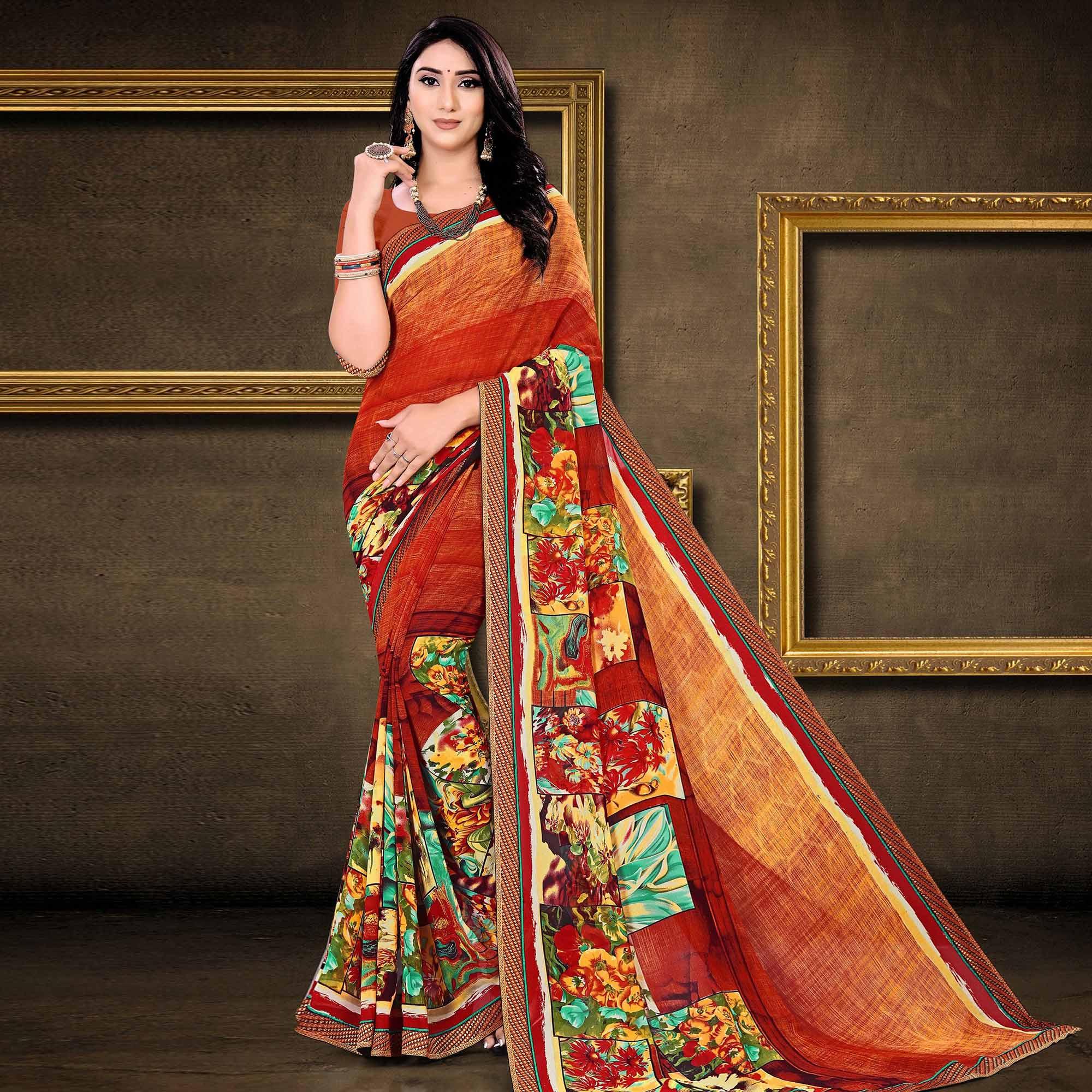 Multicolour Floral Printed Georgette Saree - Peachmode