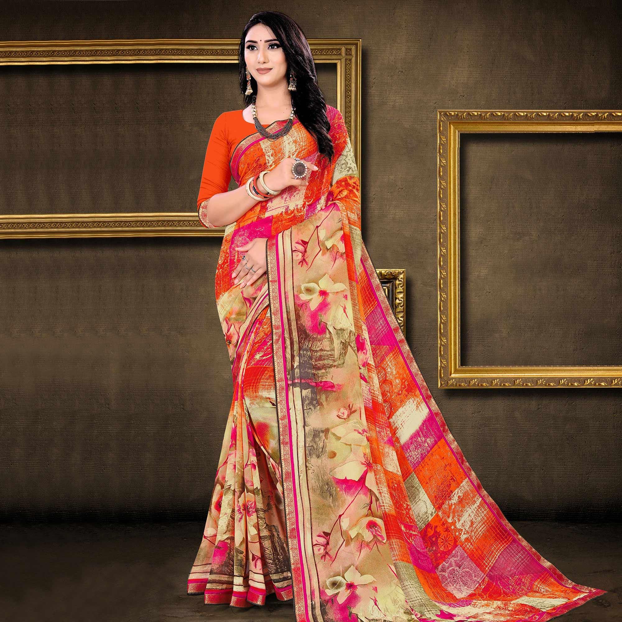 Multicolour Floral Printed Georgette Saree - Peachmode