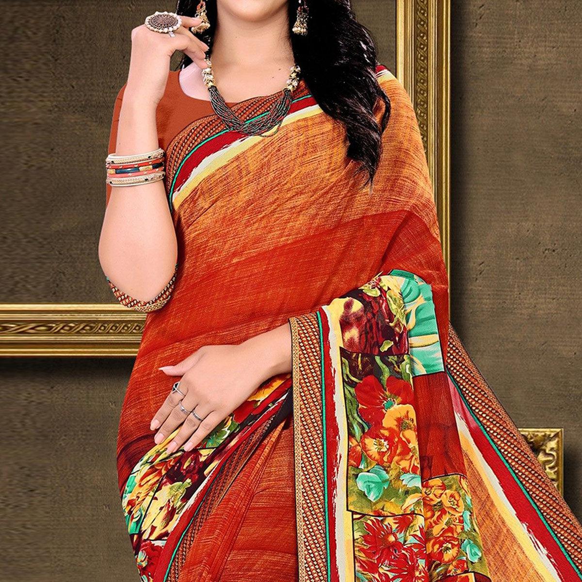 Multicolour Floral Printed Georgette Saree - Peachmode