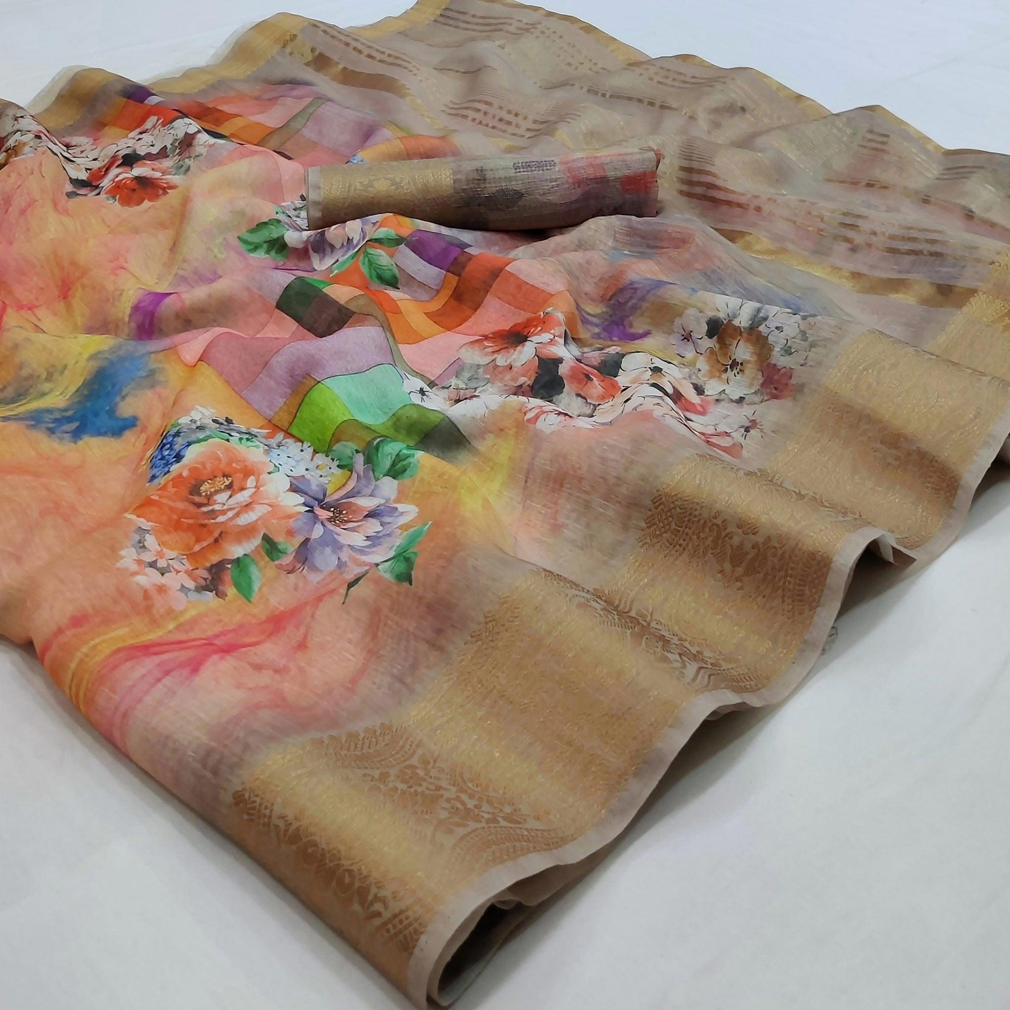 Multicolour Floral Printed Linen Saree - Peachmode