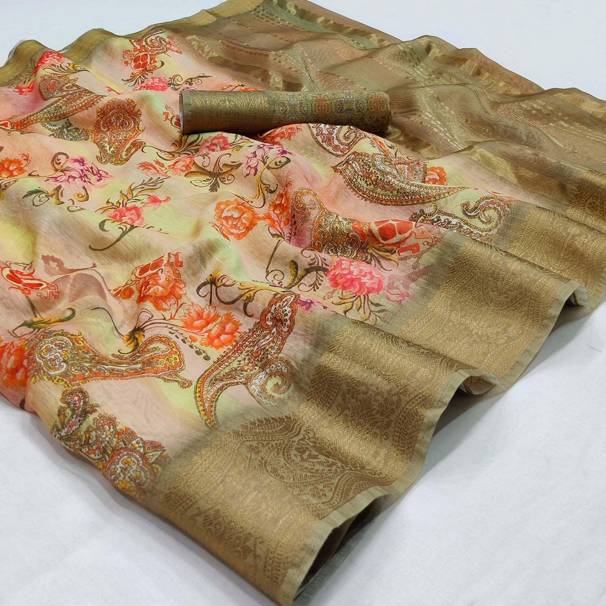 Multicolour Floral Printed Linen Saree - Peachmode