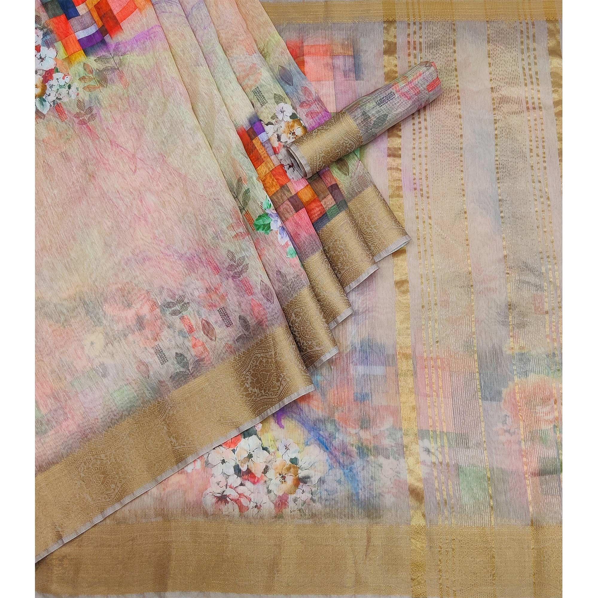 Multicolour Floral Printed Linen Saree - Peachmode