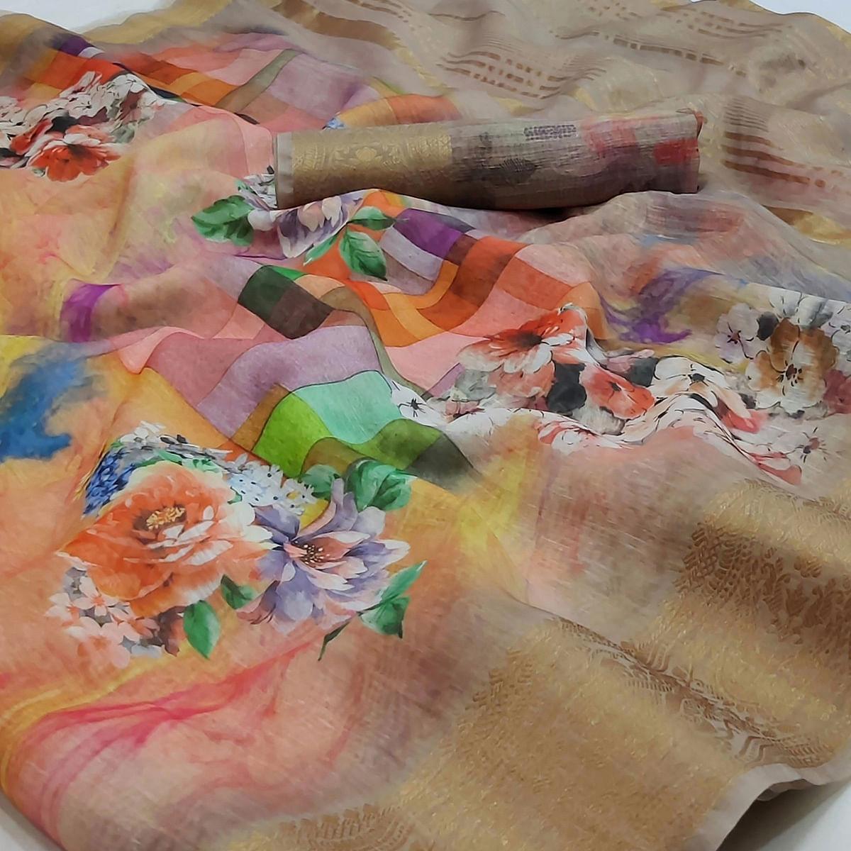 Multicolour Floral Printed Linen Saree - Peachmode