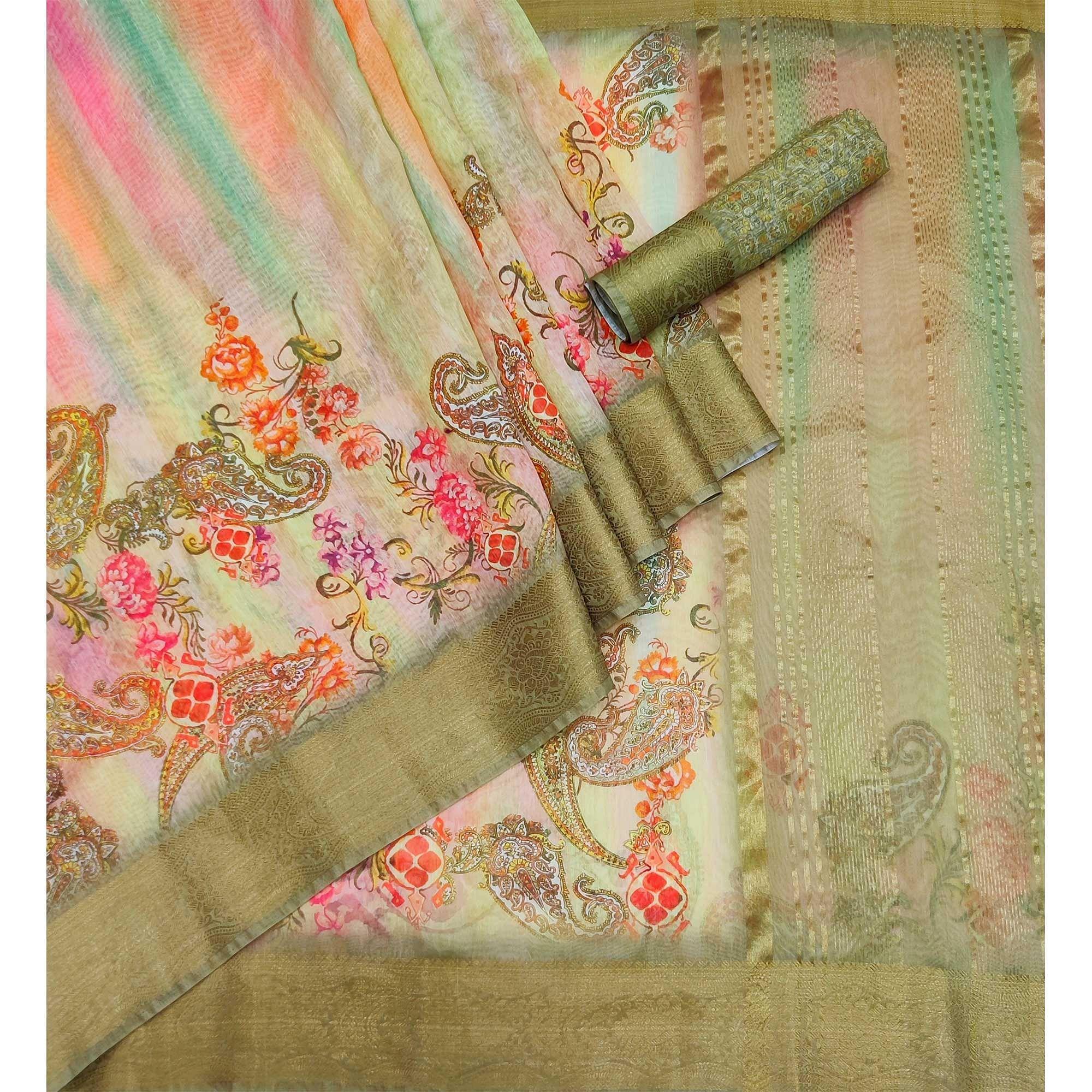 Multicolour Floral Printed Linen Saree - Peachmode