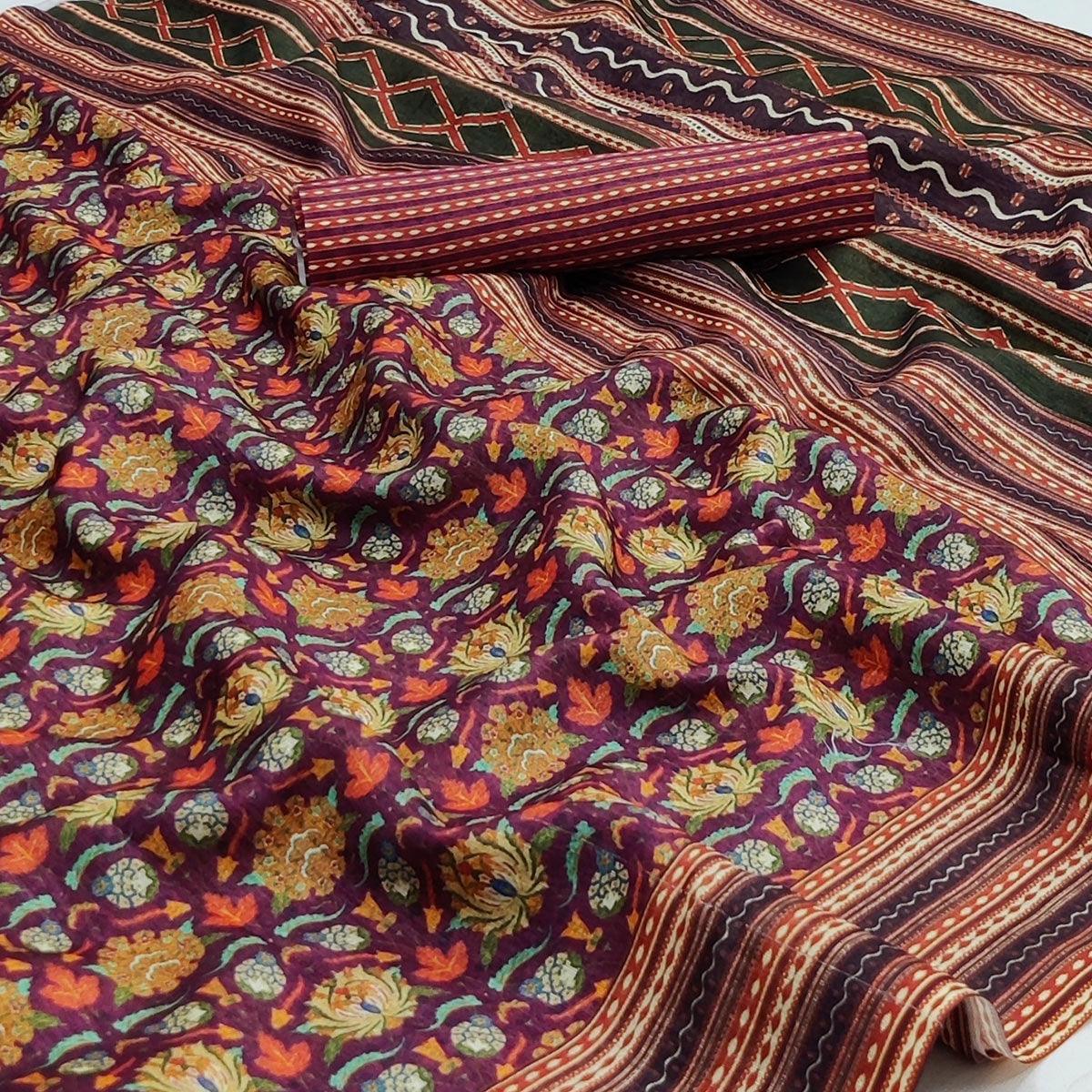 Multicolour Floral Printed Pure Cotton Saree - Peachmode