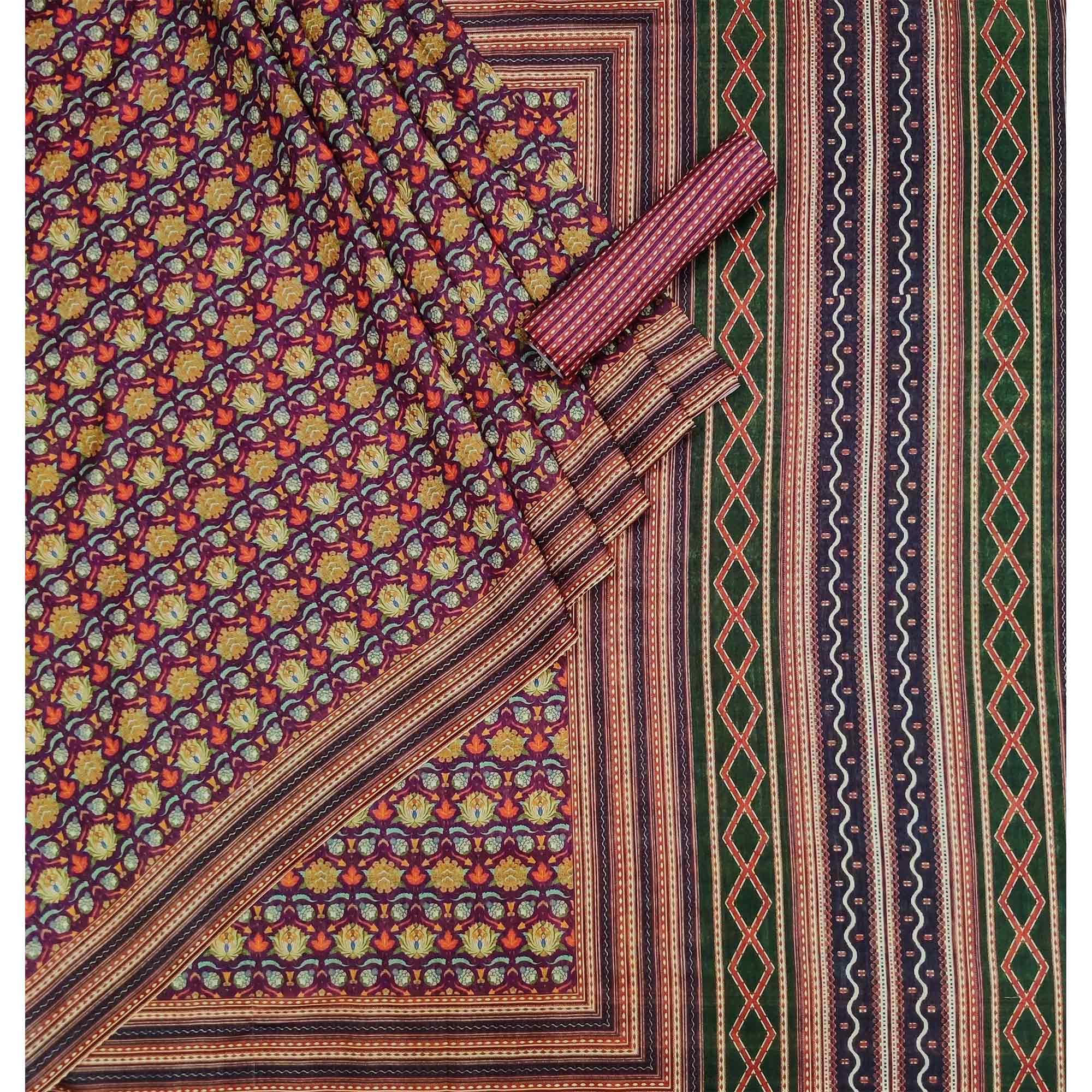 Multicolour Floral Printed Pure Cotton Saree - Peachmode