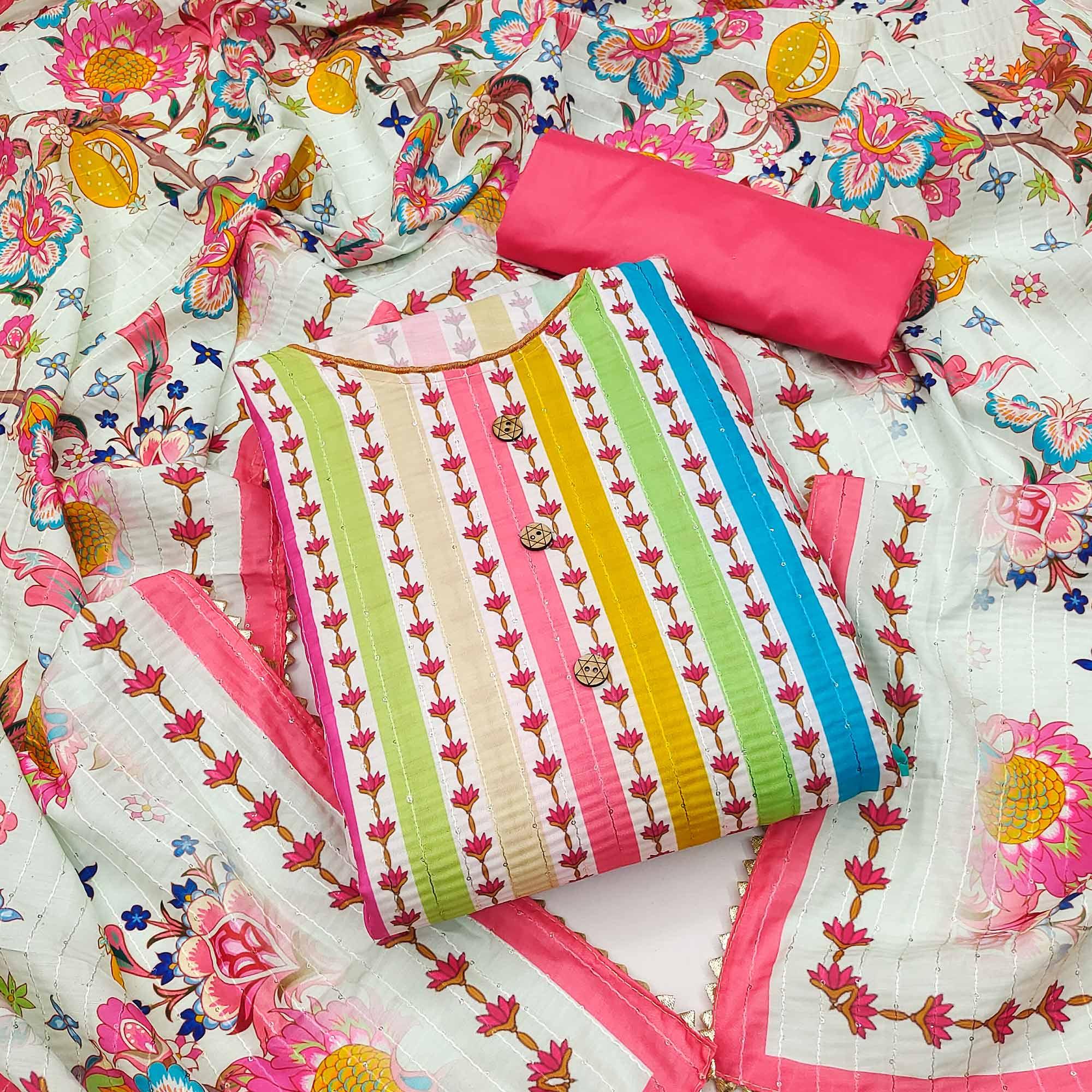Multicolour Floral Printed With Sequence Embroidered Pure Cotton Dress Material - Peachmode